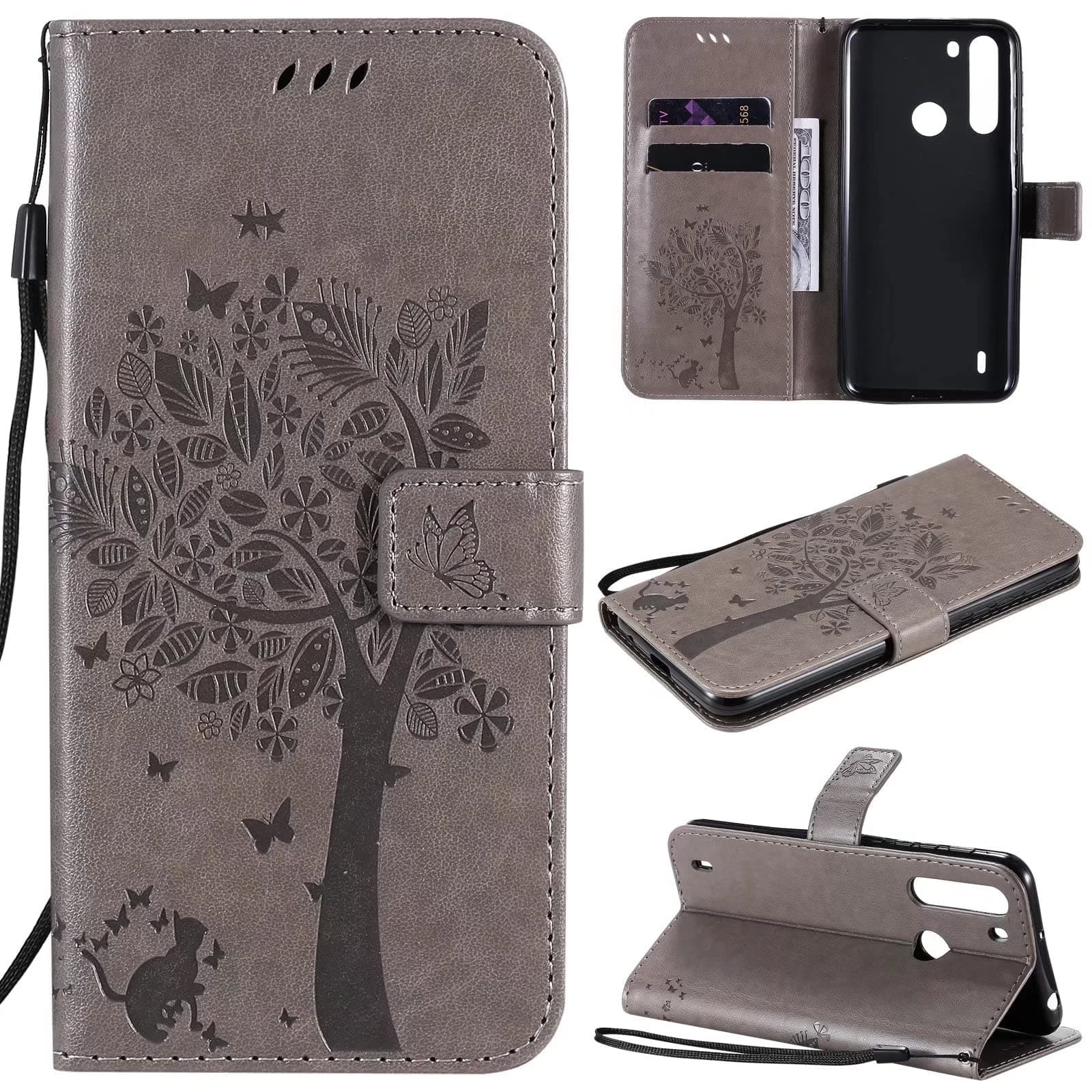 Ttianfa Case for APPLE IPHONE 5C Wallet Flip case with 2& Tempered Glass Screen Protector [2 Card Slot] [Magnetic][stand] Emboss Tree Cat Flowers strap PU Leather 360° Shockproof Flip Folio,Grey