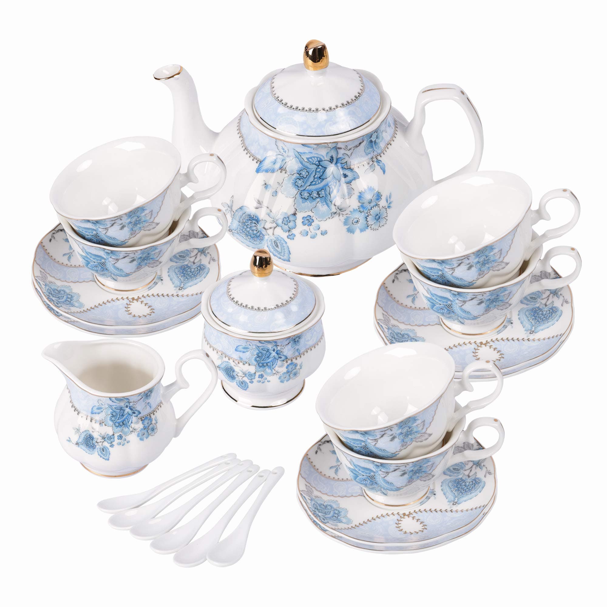 fanquare 21 Pieces Blue Floral Porcelain Afternoon Tea Set Service with Spoons,British Royal Tea Cup and Saucer Set of 6