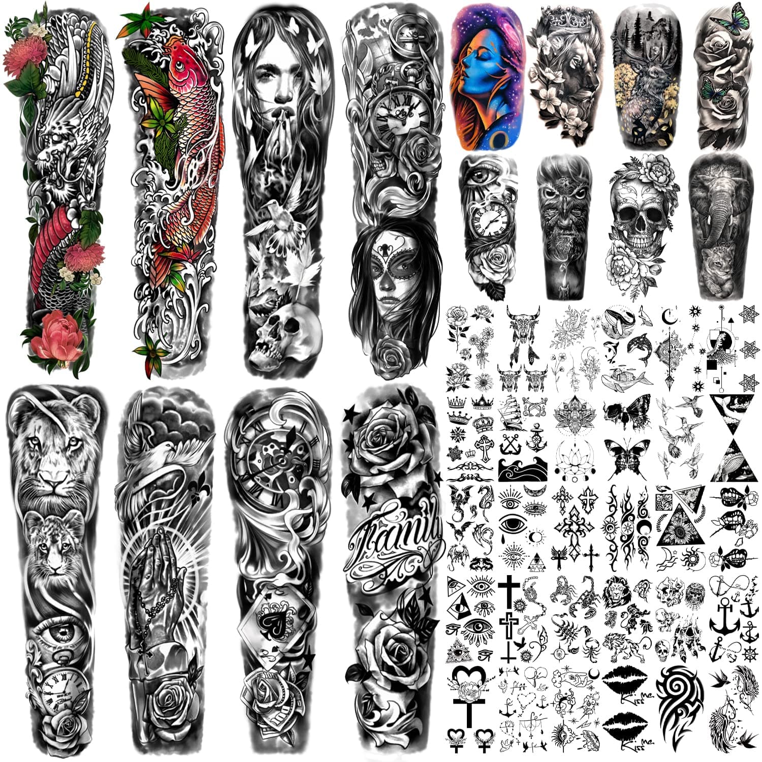 46 Sheets Large Size Full Arm Temporary Tattoos For Men and women, Lion Dragon Clock Flower Skeleton Shoulder Forearm Temp Waterproof Tattoo Stickers For Teens