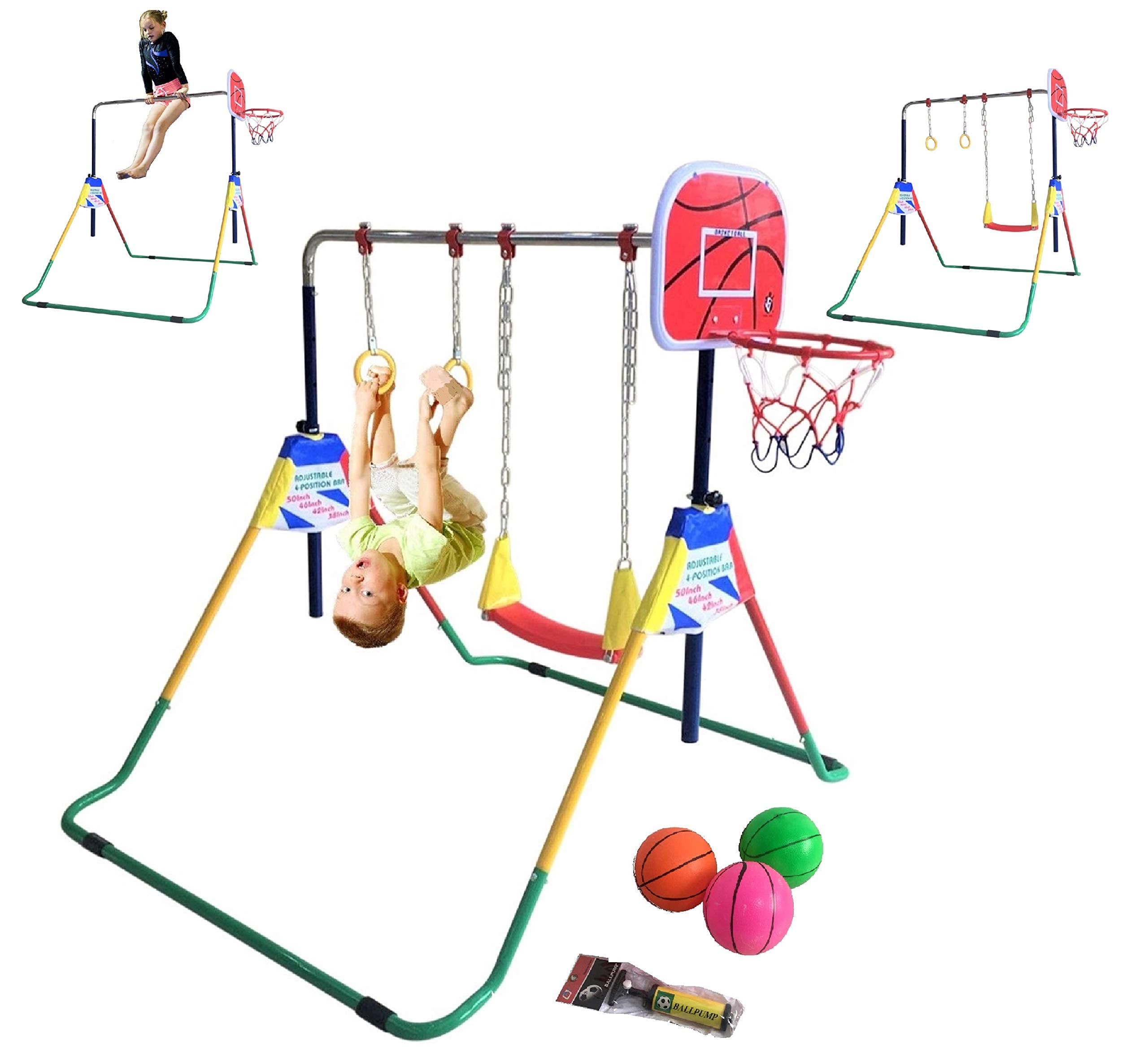 Gymnastics Expandable Junior 4 in 1 Training Monkey Horizontal Bars Climbing Tower Child playset Training Pull Up Gym with Swing, Trapeze Ring and Basketball Stand with 3 Balls Set.