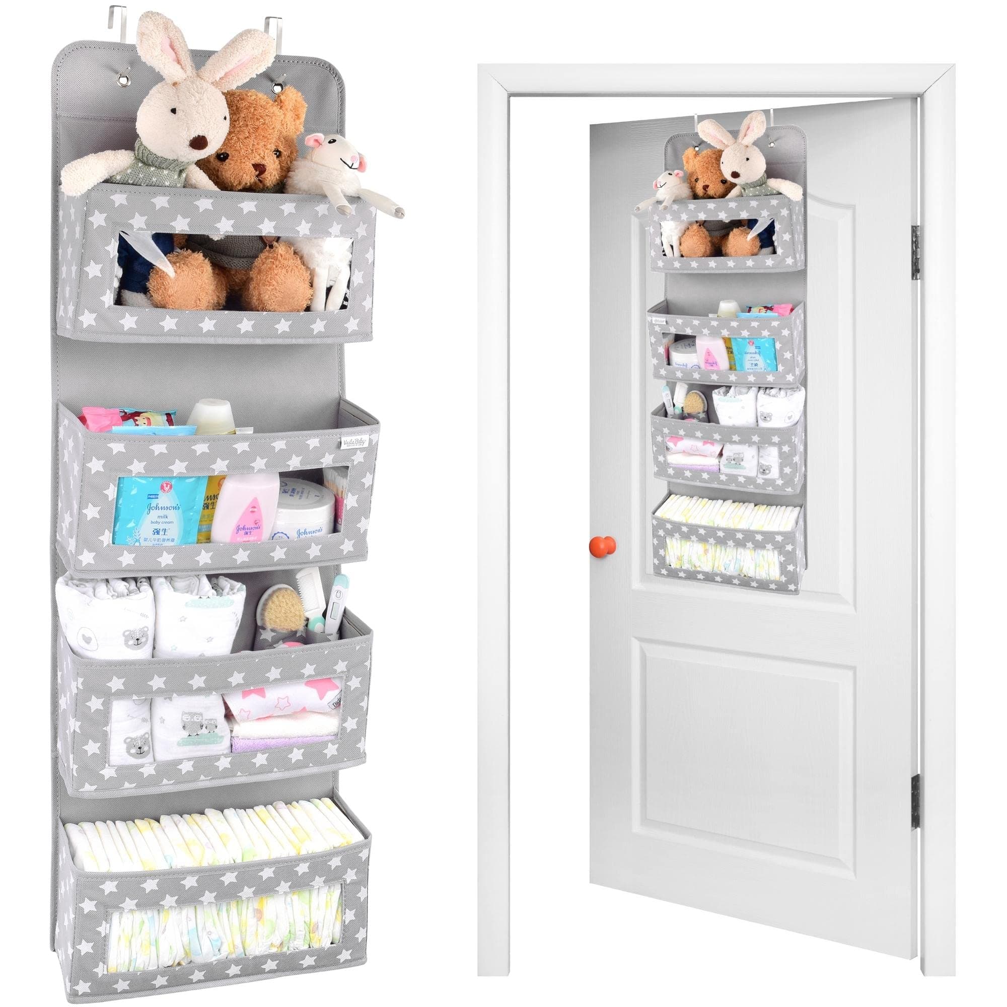Vesta Baby Over Door Hanging Organiser with Hooks - Unisex Space Saving 4 Pocket Storage for Bathroom, Children's Room, Nursery - Clear Window Caddy Hanger - 2 Small Items Utility Pockets