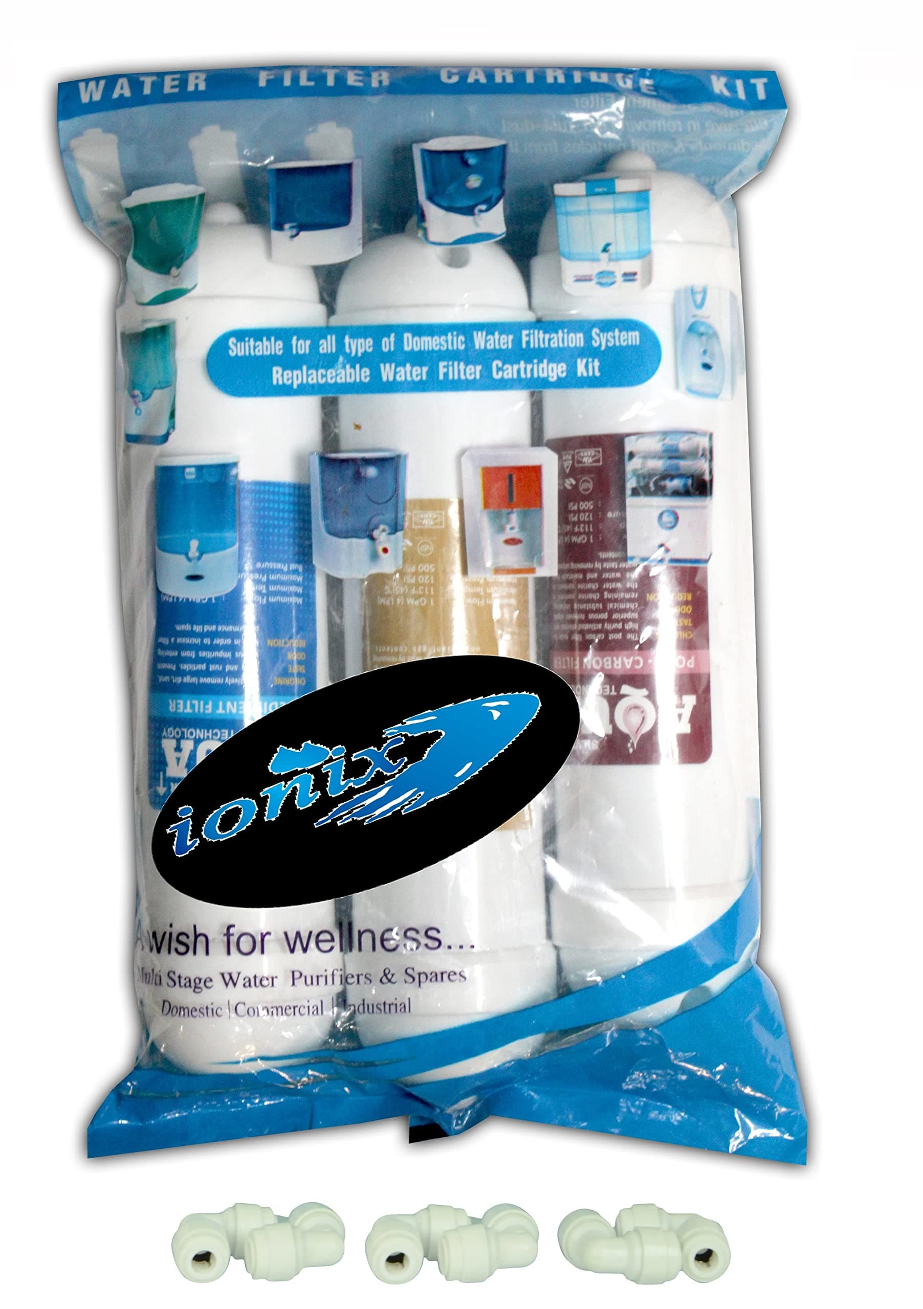 IONIX Inline Filter Set , Pack of 3 Filter Inline Pre carbon , Post carbon filter & sediment filter for water purifier with connectos , 3 pieces , white