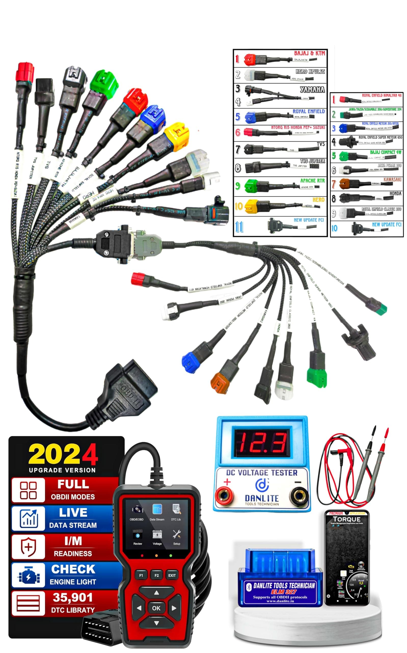 DANLITE TOOLS TECHNICIAN [21 Coplar Scanning Cable] with V519 OBD-II and ELM 327 OBD Scanner with DC Voltage Tester [MAHA-Combo]