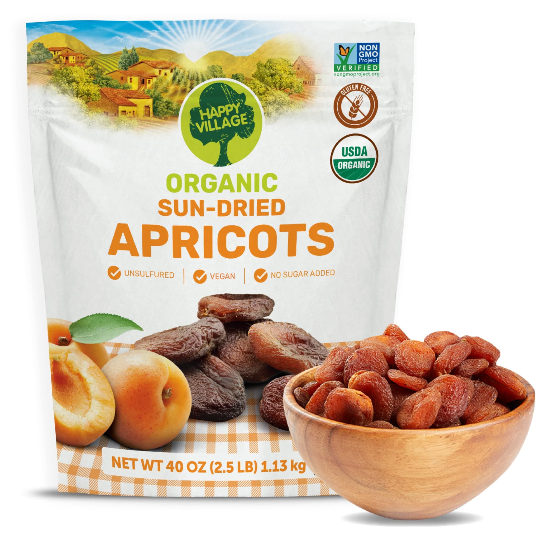 Happy Village Organic Turkish Dried Apricots, No Sugar Added Dried Fruit, 40 OZ Resealable Pack - Kosher, Non-GMO, Unsweetened, Unsulfured, Vegan Sun-Dried Apricot