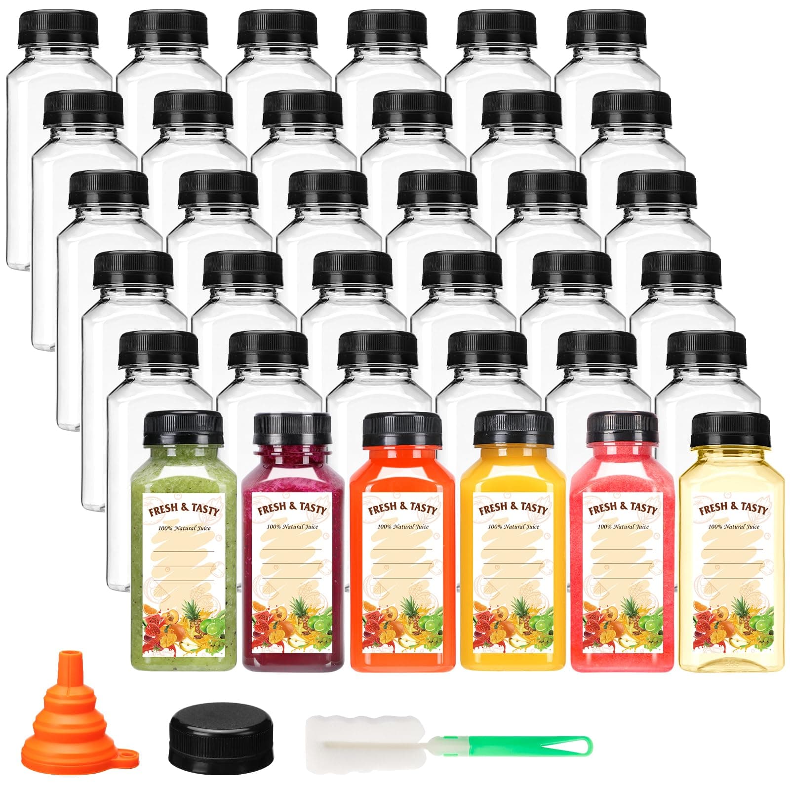 36pcs 8oz Empty Plastic Juice Bottles with Lids, Reusable Clear Containers with Black Tamper Evident Caps for Juice, Milk and Other Beverages