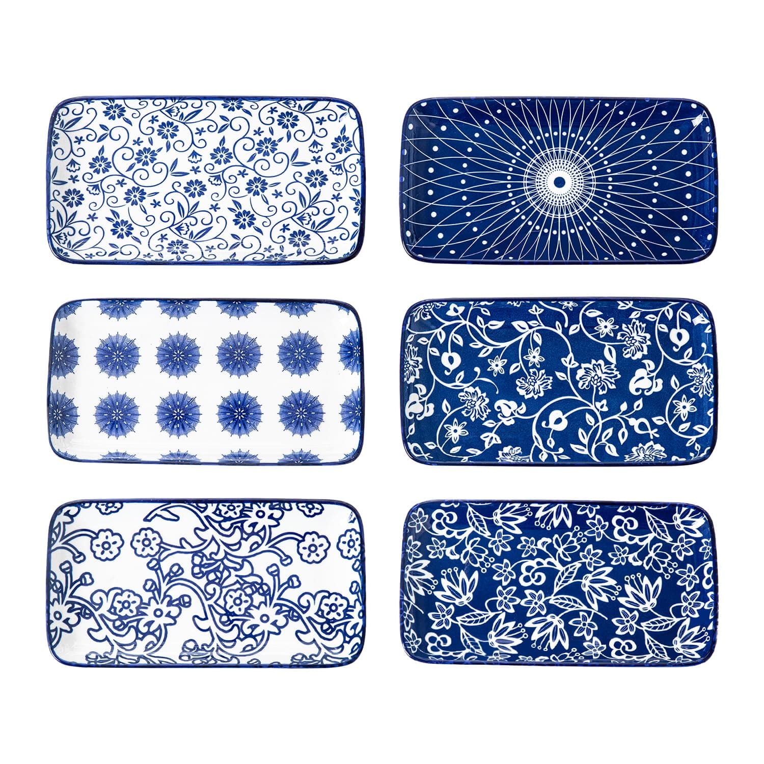 Rectangle Serving Platter Set - 8 Inch Ceramic Dinner Plates Rectangular Serving Trays for Sushi Salad Dessert Pasta Appetizer - Oven Microwave Dishwasher Safe - Set of 6 - Vintage Blue