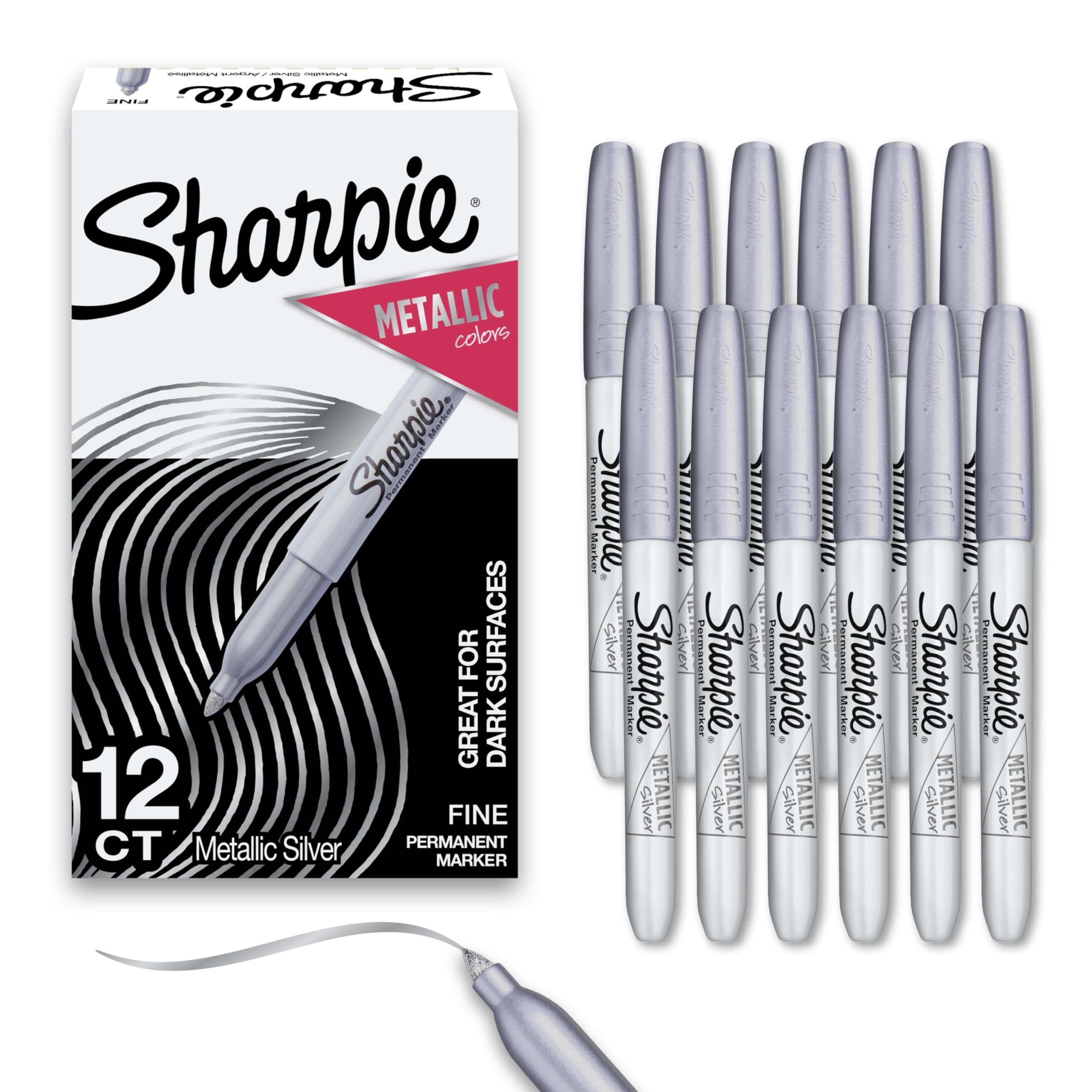 Sharpie Metallic Permanent Markers, Fine Tip, Silver, 12 Count - For Black Paper or Dark Surfaces, Arts & Crafts, Posters, Classroom Supplies