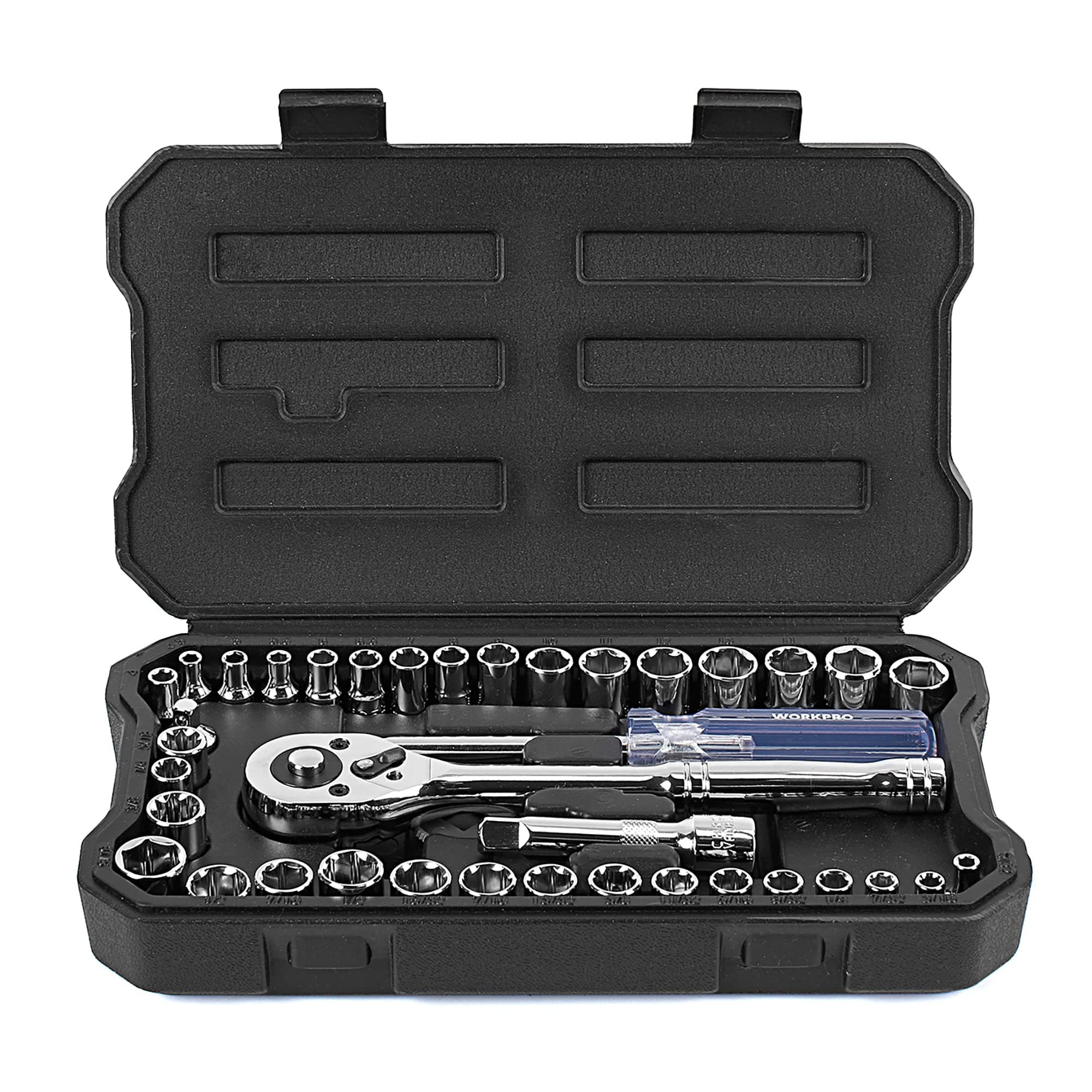 WORKPRO 39 Piece Socket Set 1/4" and 3/8" Ratchet and Drive Socket, CR-V High Quality Metric and Imperial Socket Set