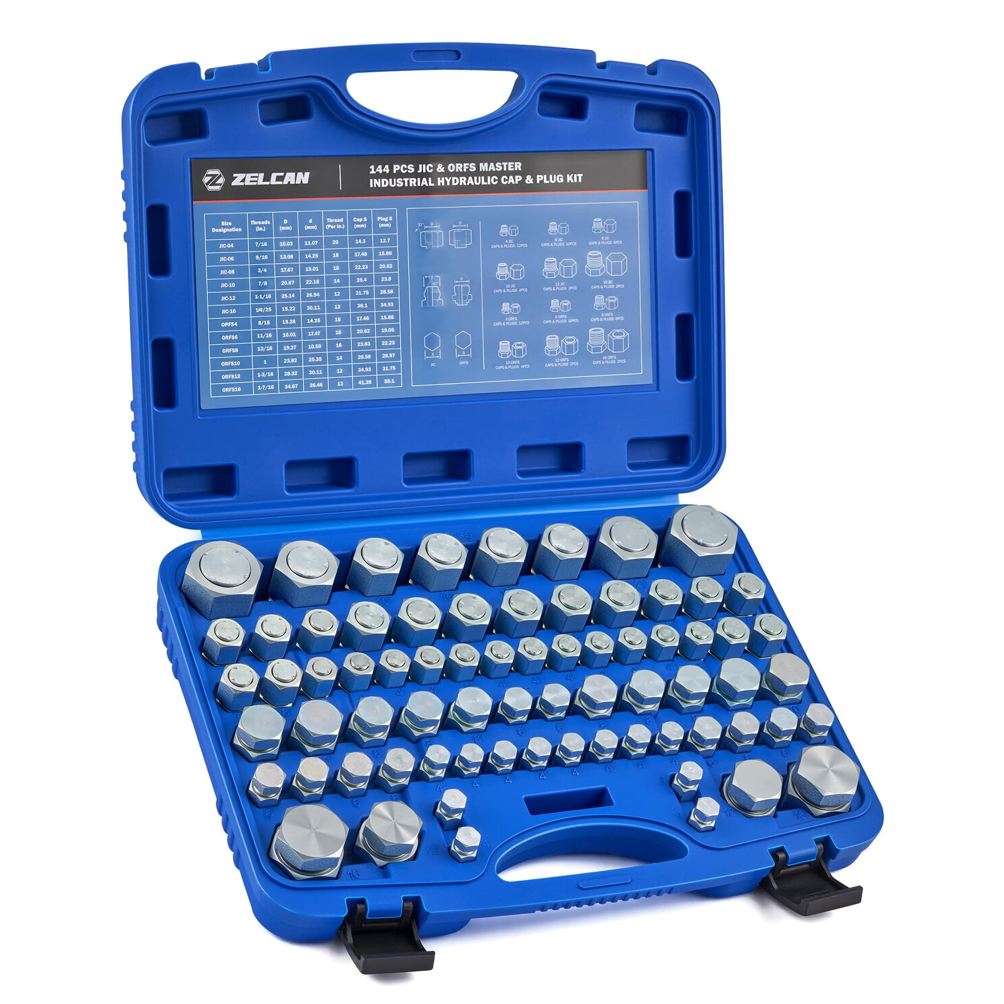 - ZELCAN Hydraulic Hose Cap & Plug Kit, 144-Piece JIC & ORFS Plug and Cap Assortment Kit for Dash Size 4 6 8 10 12 16, Heavy-Duty Hydraulic Hose Fitting Kit for Industrial Pipe Tube Sealing