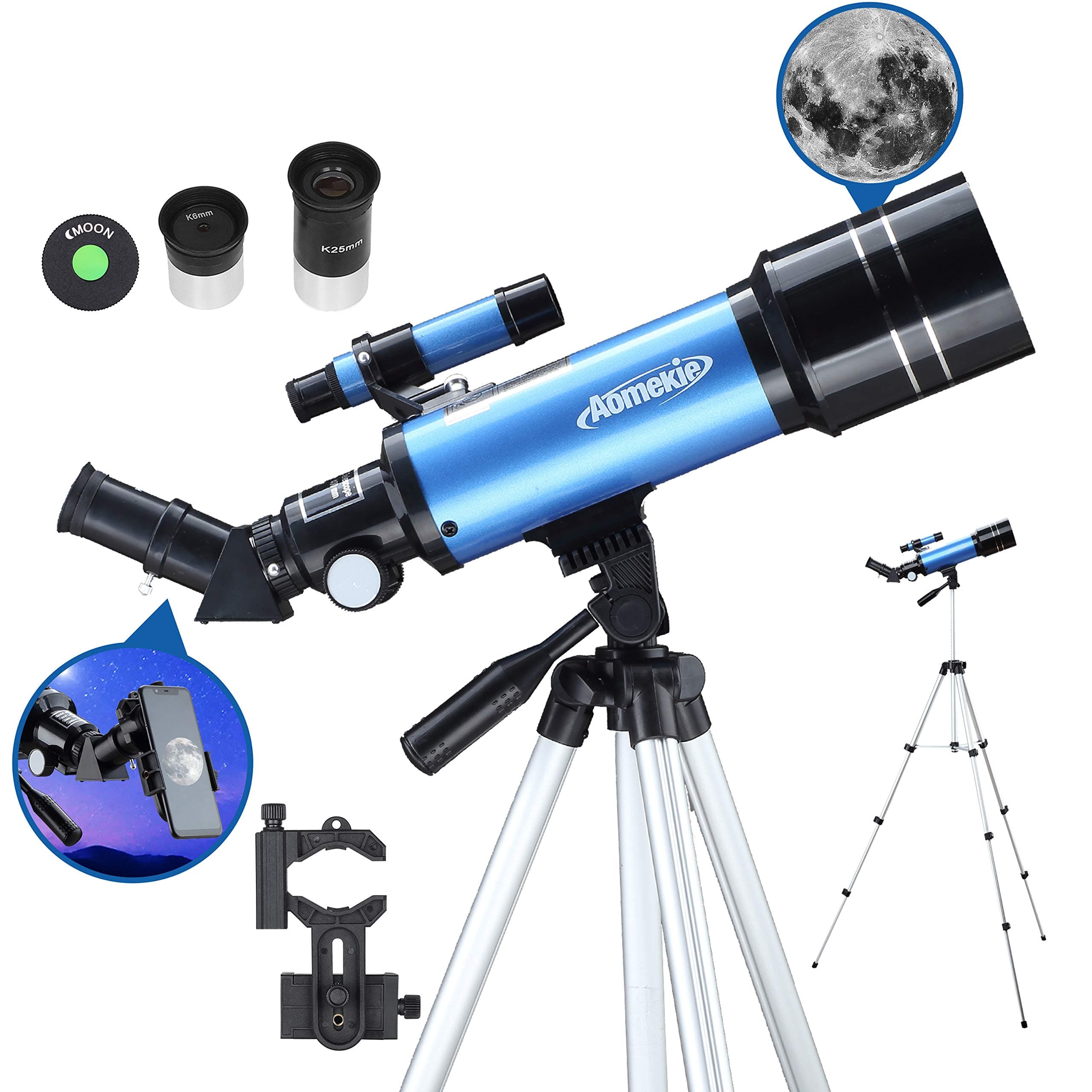 AOMEKIE 40070 Astronomy Telescopes for Beginners and Adults with K6 and K25 Eyepieces 70mm Travel Telescope Adjustable Tripod Phone Adapter