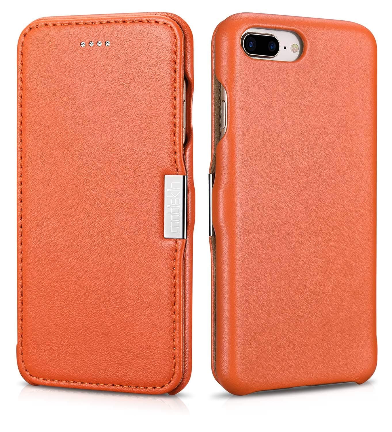 Mobiskin case compatible with Apple iPhone 8 PLUS and iPhone 7 PLUS (5.5 inch), cover with genuine leather, book-style protective phone case, ultra-slim folio, thin wallet, orange