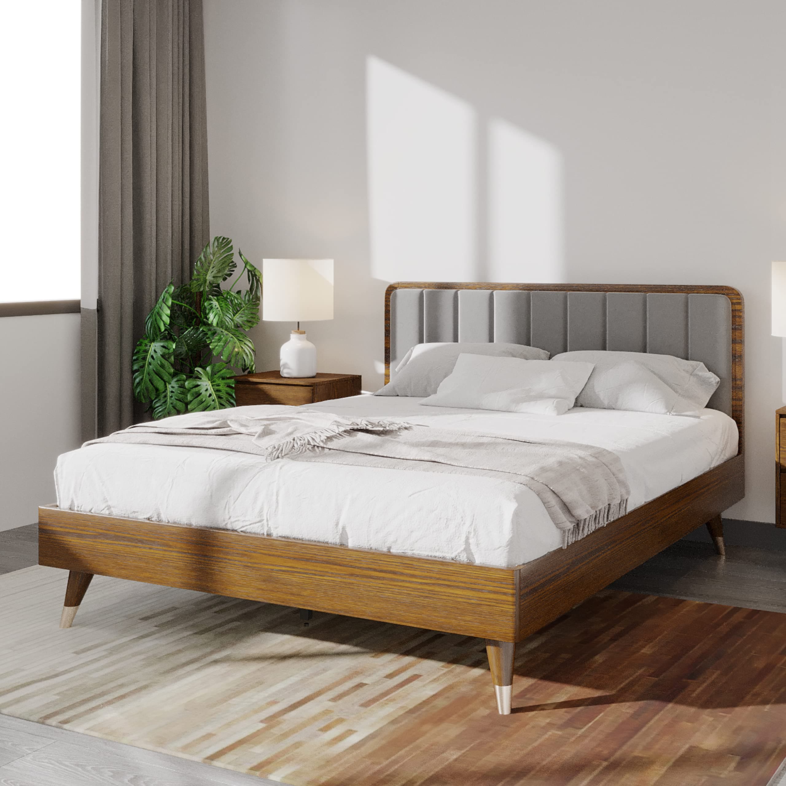 DG Casa Thomas Solid Wood Wingback Channel Stylish Upholstered Easy Install Queen Bed Frame with Headboard and Wooden Slat Support Included, Gray