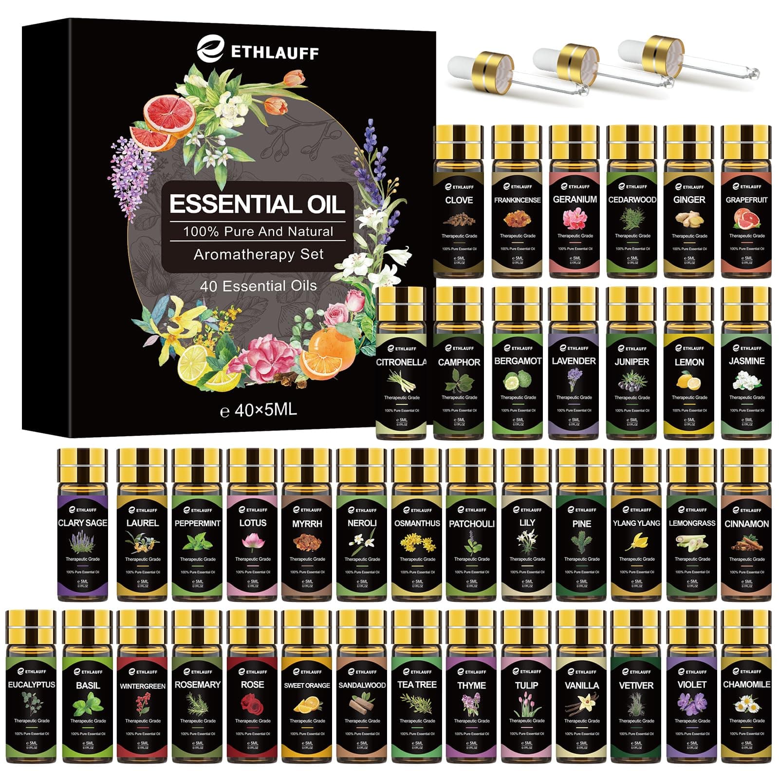 Essential Oils Set 40 Pcs, Essential Oils Perfect for Diffuser, Fragrance Oil Set for Massage, Soap, Candle Bath Bombs Making (5ml)