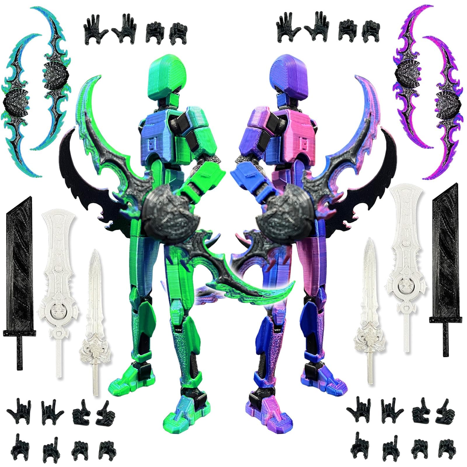 T13 Action Figure Set (Assembly Completed), 3D Printed Multi-Jointed Movable Titan 13 Lucky Dummy 13 Mobile Robot, Nova 13 Action Figures Desktop Decorations for Game Lovers Toy (Green Purple)