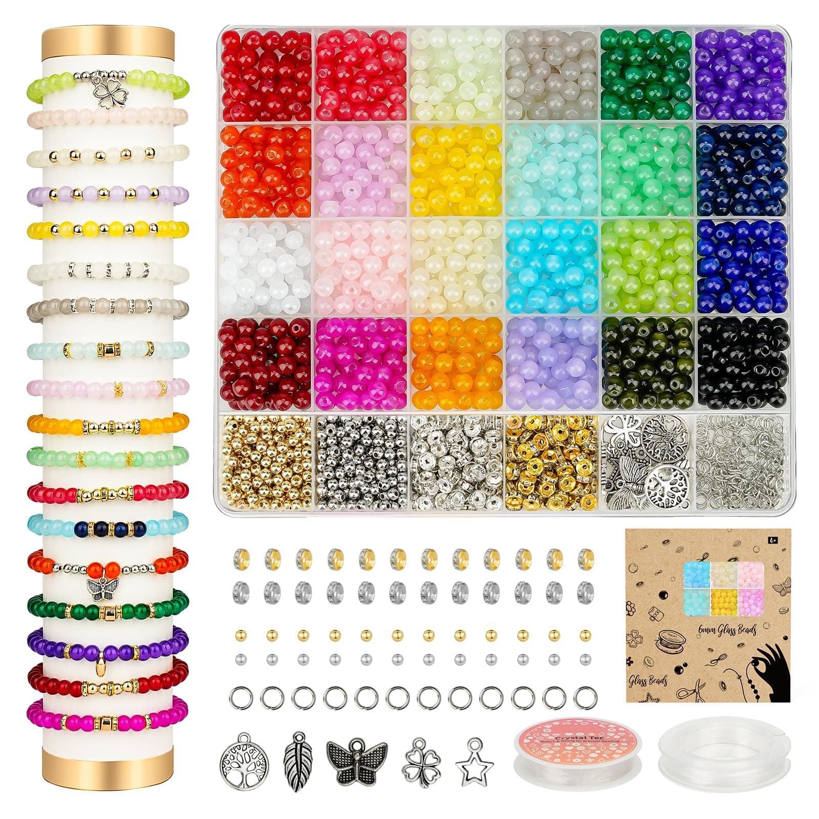 6mm Glass Beads Bracelet Making Kit 1400pcs, 24 Colors Crystal Beads for Jewelry Making Round Beads DIY Crafts with Spacer Beads Charms Accessories