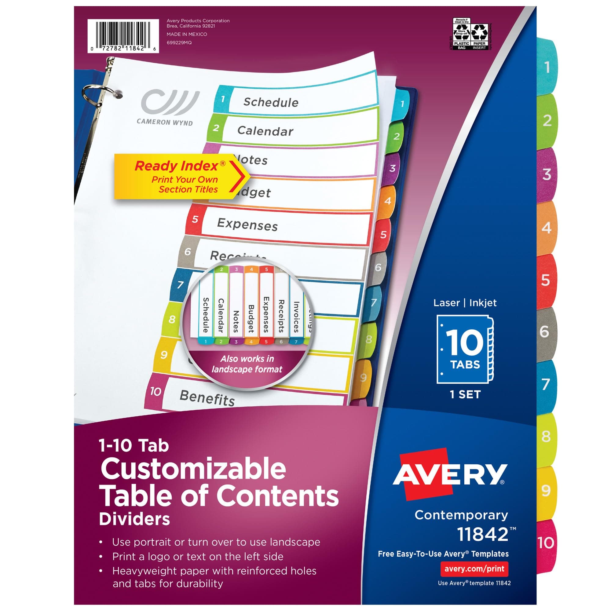 10-Tab Dividers for 3 Ring Binders, Customizable Table of Contents, Multicolor Tabs, 1 Set (11842)