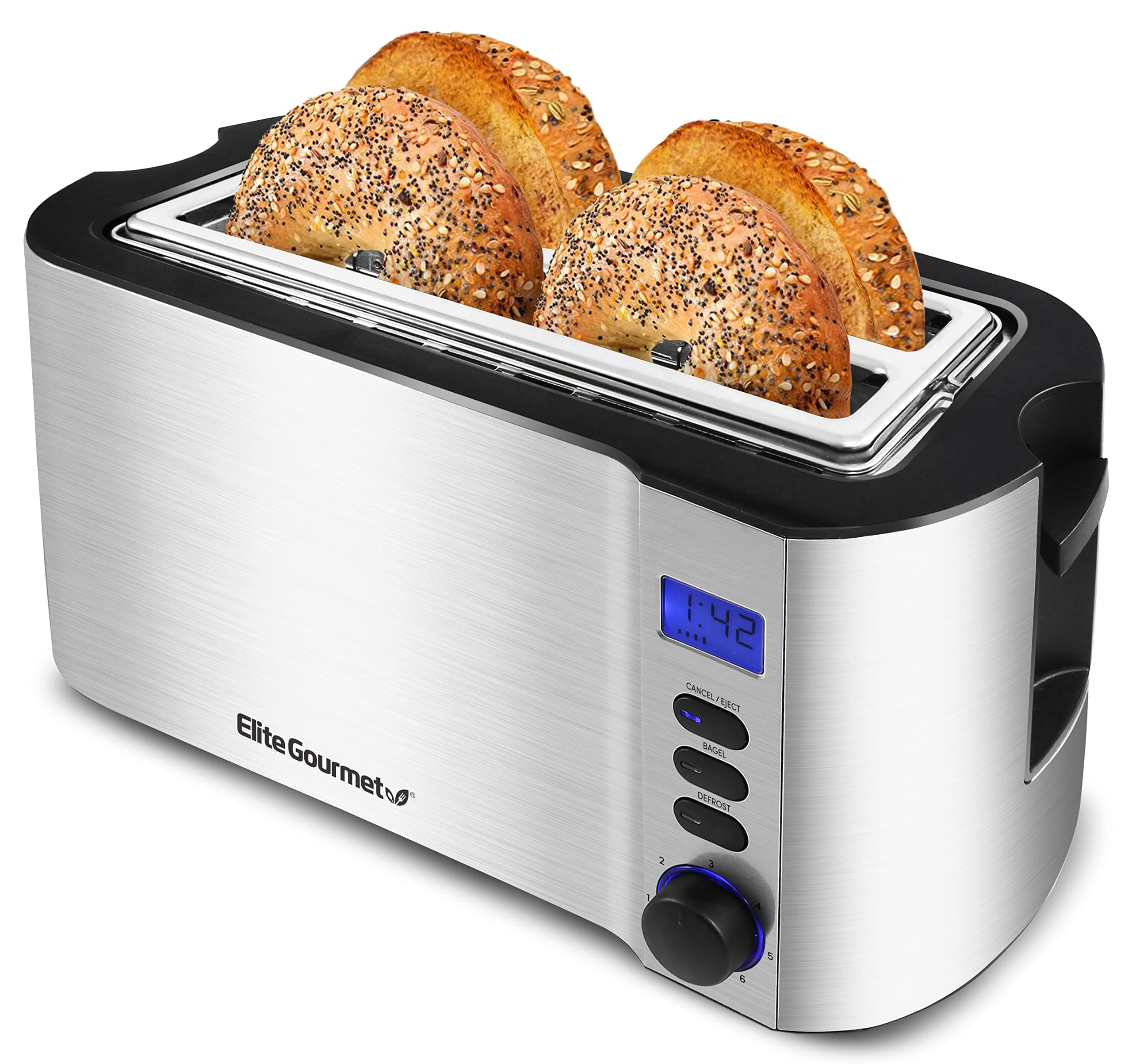 Elite Gourmet ECT4400B# Long Slot 4 Slice Toaster, Countdown Timer, 6 Toast Setting, Defrost, Cancel Function, Built-in Warming Rack, Extra Wide Slots for Bagel Waffle, Stainless Steel