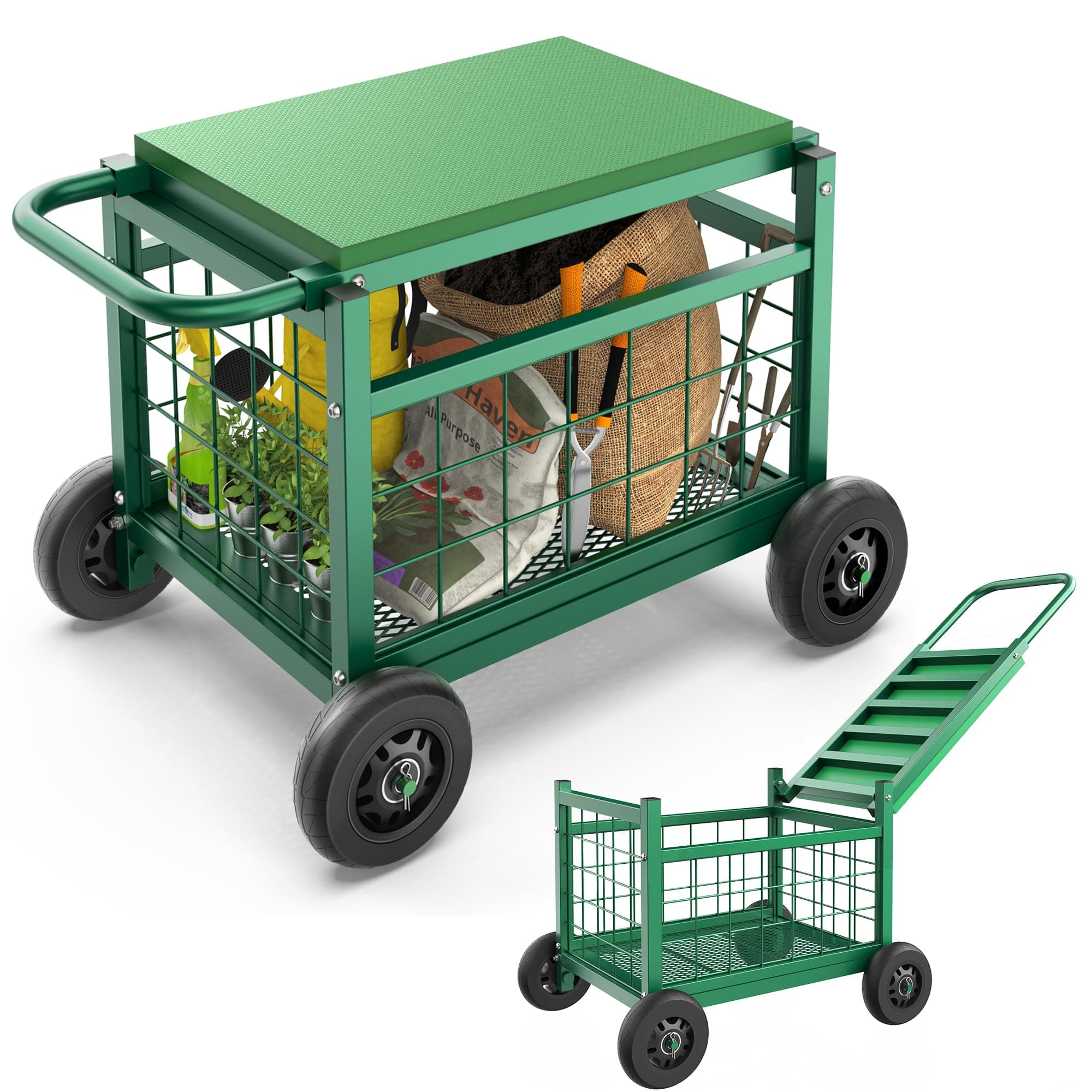 FLINTER Rolling Garden Work Seat with Wheels, Upgraded Heavy Duty Gardenning Cart with Seat - Garden Rolling Stools with Wheels for Seniors, Lawn, Patio & Backyard Gardening, Green