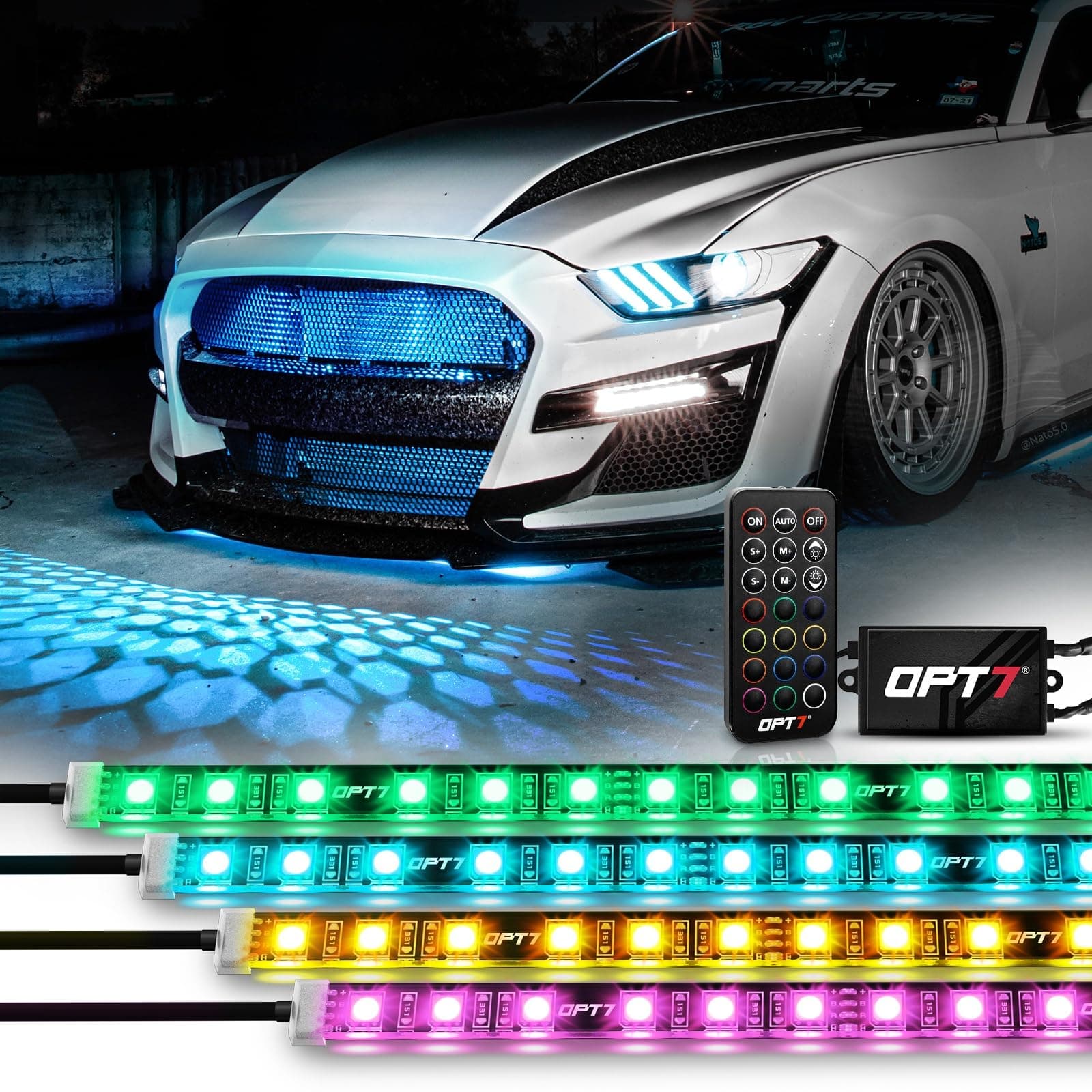 OPT7 Aura 4PCS RGB LED Grille Lights with Remote Control, 12 inches Waterproof LED Strip Lights, Multicolor, Dimmer, Fade, Cycle, Strobe, Peel'n'Stick Front Grill Valence, Car Truck SUV Decorations