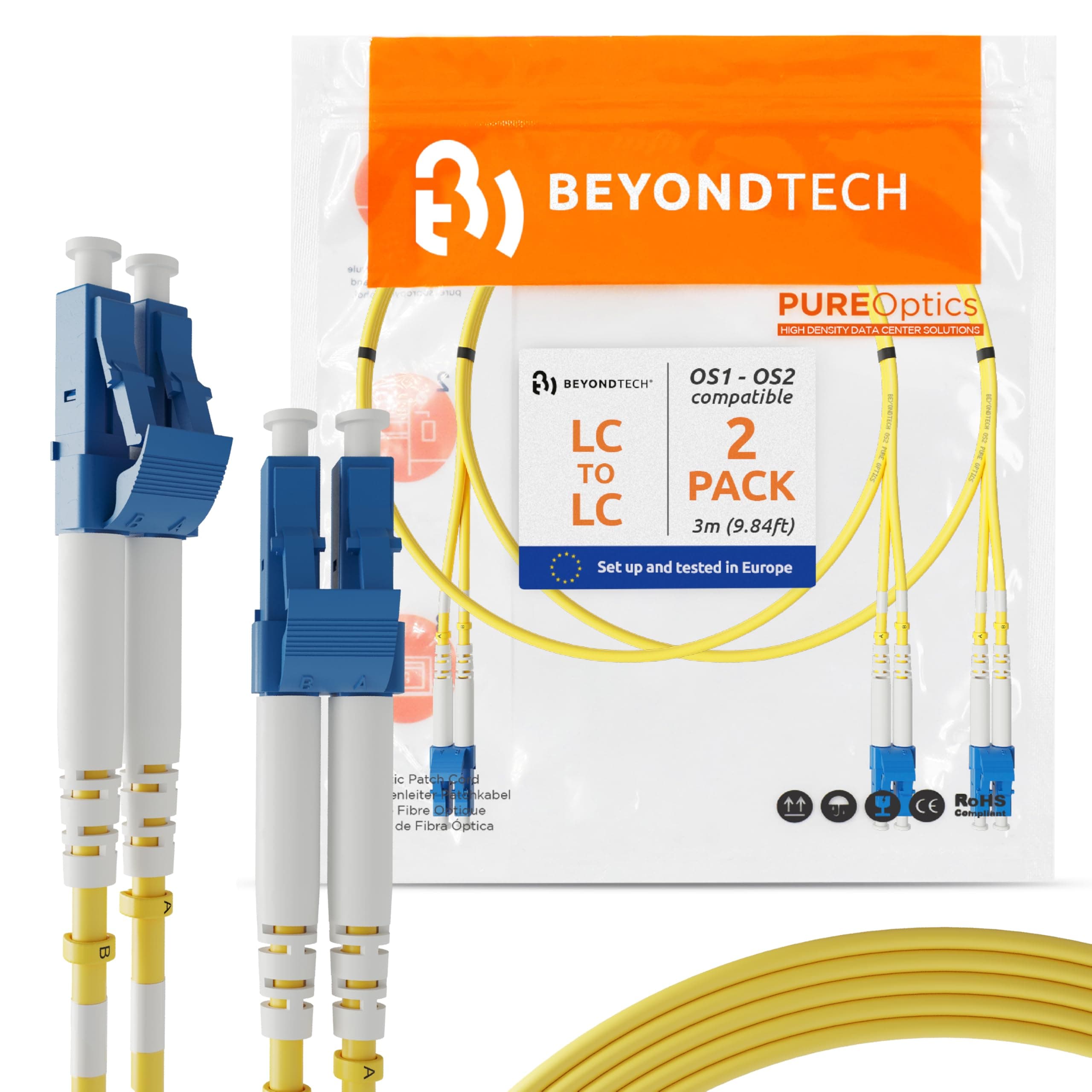 BEYONDTECH LC to LC Fiber Patch Cable Single Mode Duplex - 3m (9.84ft) - 9/125um OS1 LSZH (2 Pack) - PureOptics Cable Series