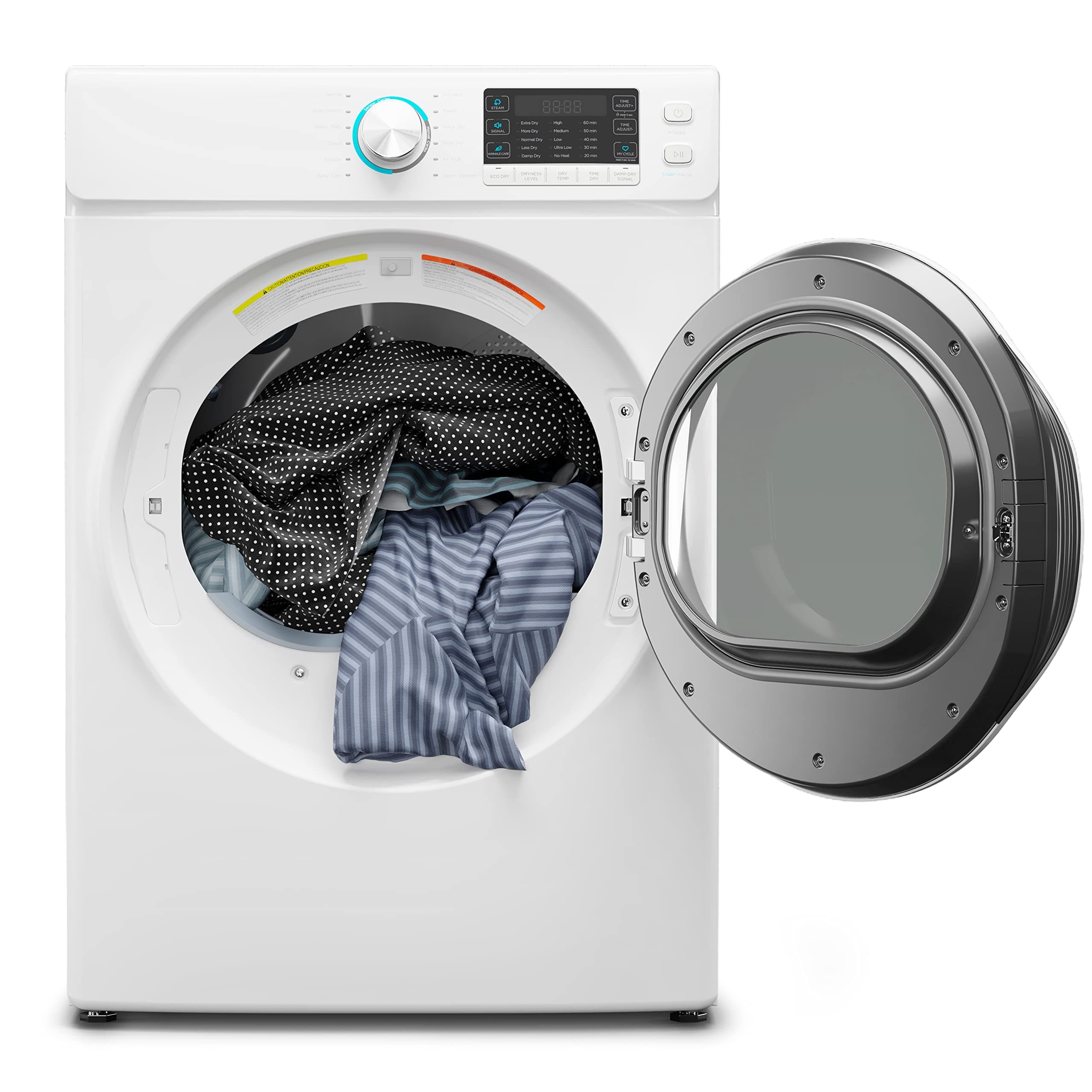 27" Front Load X-Large 8 Cu. Ft. Dryer, Large Capacity Home Unit with Wrinkle Release Steam Function and Smart Sensor Dry Technology, Stainless-Steel Drum [White] [240V] (FLD-8CWH)