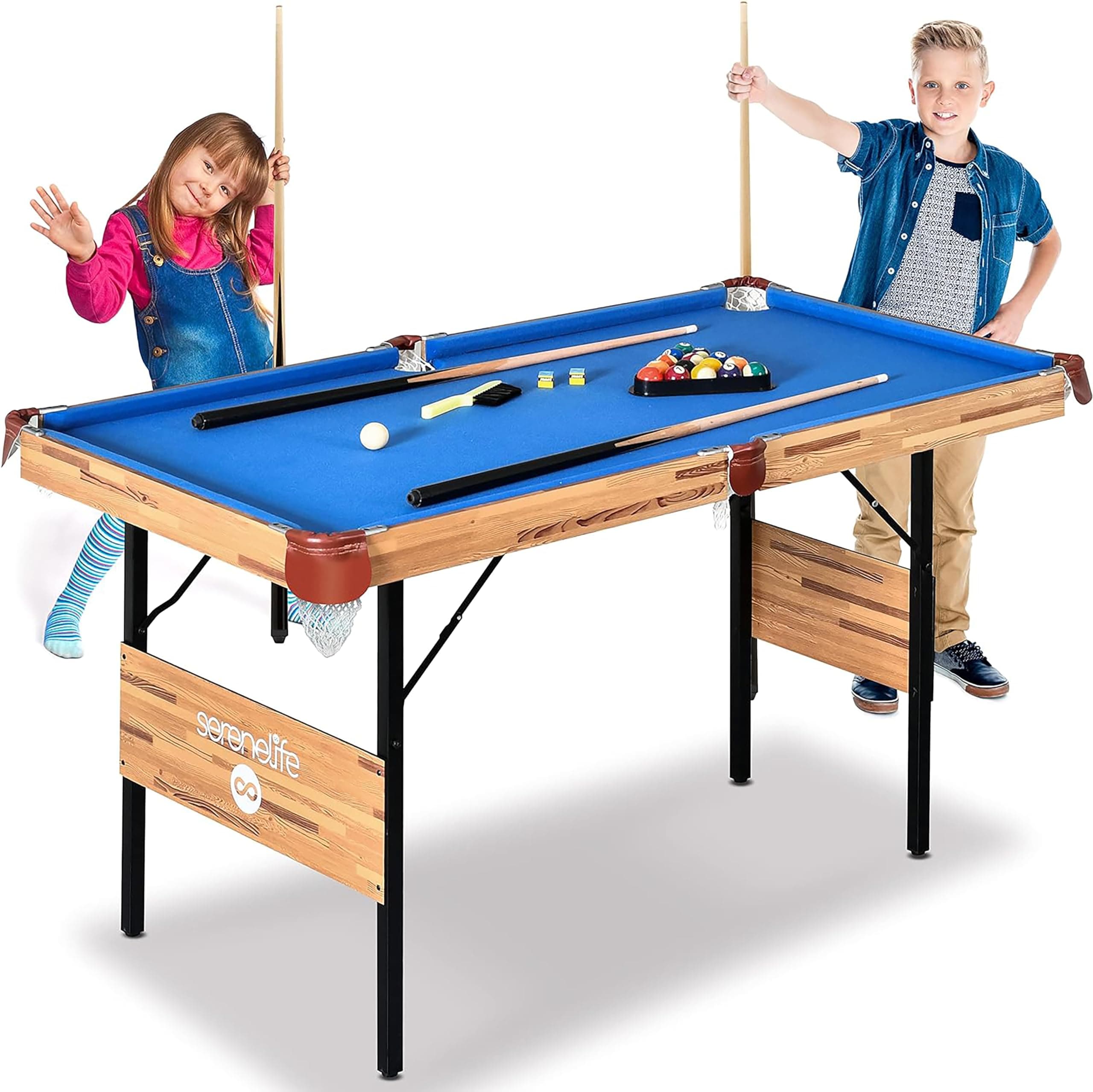 SereneLife 138cm Pool Table- Foldable & Portable Billiard Game Table- Very Sturdy, Includes Accessories- Pool Balls, Cue Sticks, Triangle, Brush, Chalk- Perfect for Kids & Adults for Home, Game Room