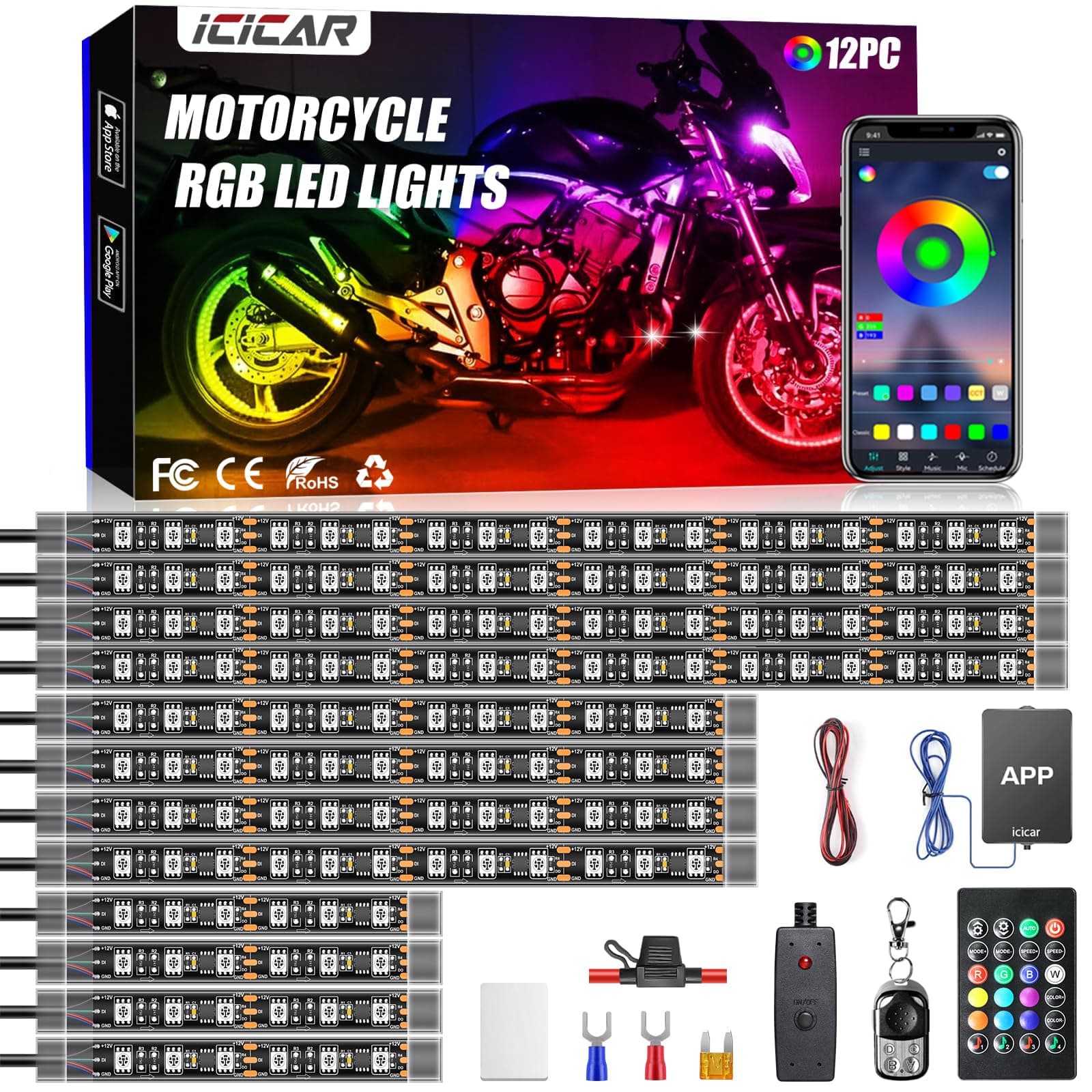 Motorcycle LED Underglow Kit, icicar 12 Pcs APP/RF Control Multicolor Motorcycle LED Light Kit with Brake Turn Signal, IP68 Waterproof & Music Sync Ambient Light for Motorcycles