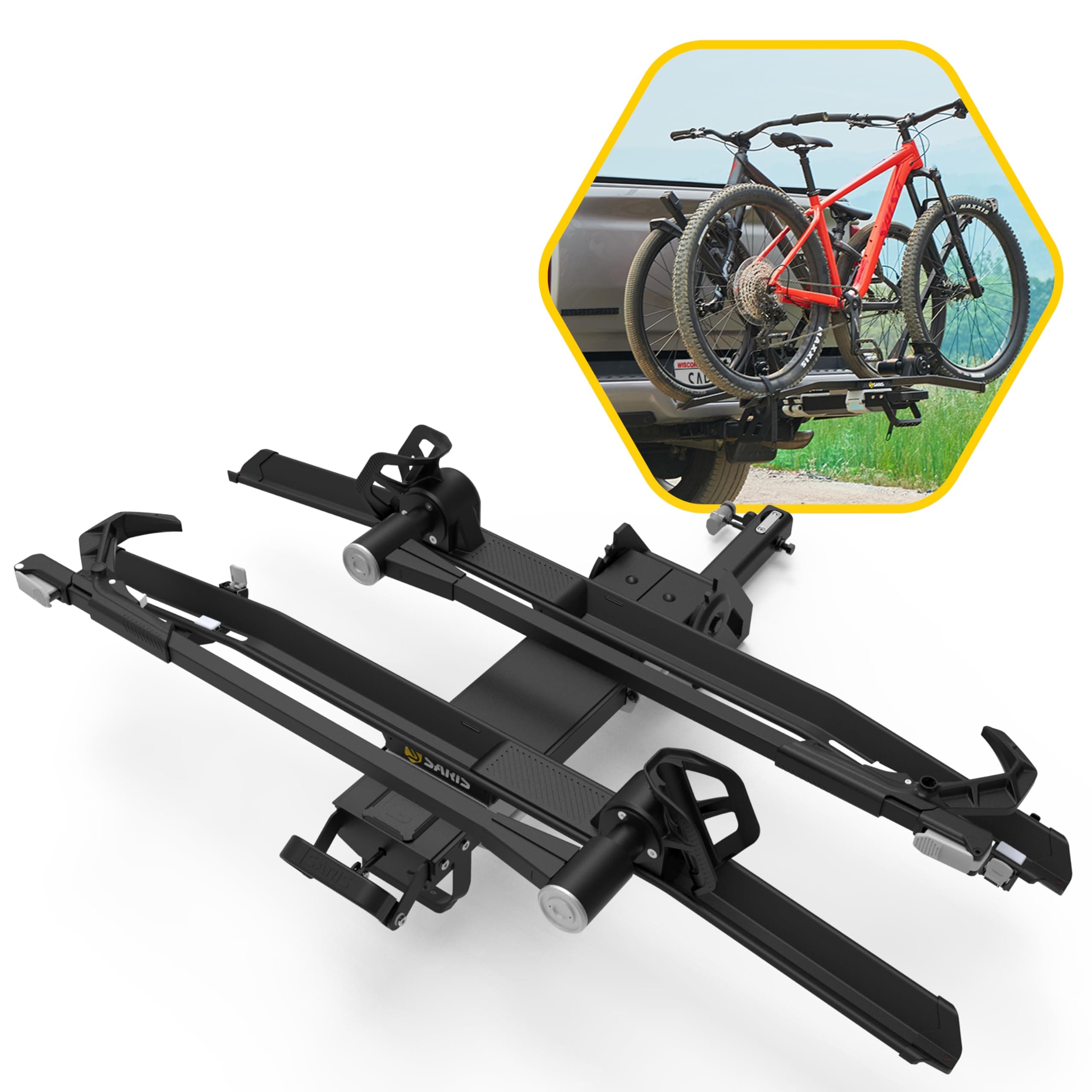 SarisMHS Uno 2+1 Modular Hitch Rack – 2+1 Base with Two UNO Trays – Lightweight, Expandable System for eBikes, MTB, and Road Bikes with Zero Frame Contact | Capacity: 60 lbs per Bike