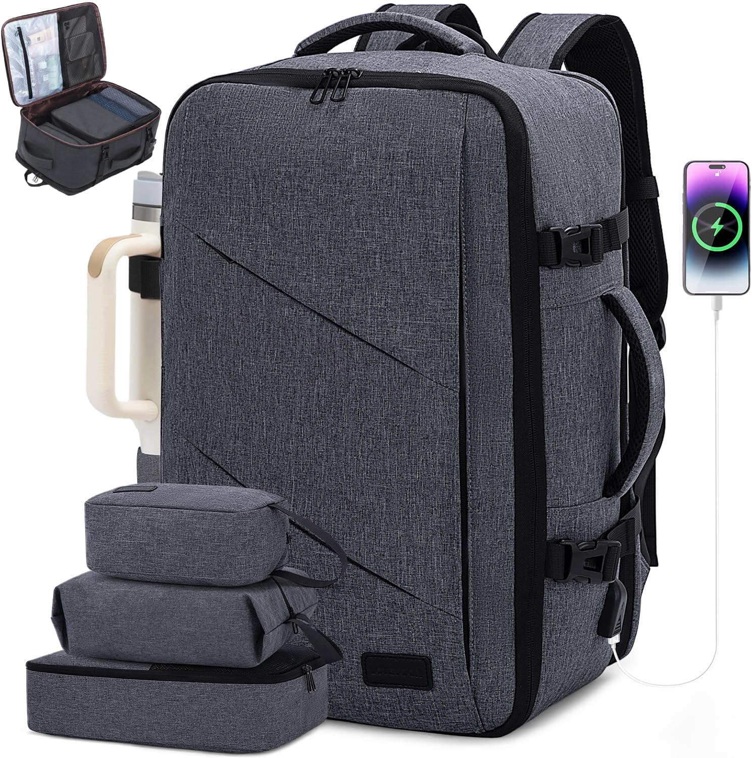 Travel Backpack, 40L Extra Large Backpack, Carry on Backpack 17 Inch with USB Port, Water Resistant Business Backpack for Men Women, Dark Grey