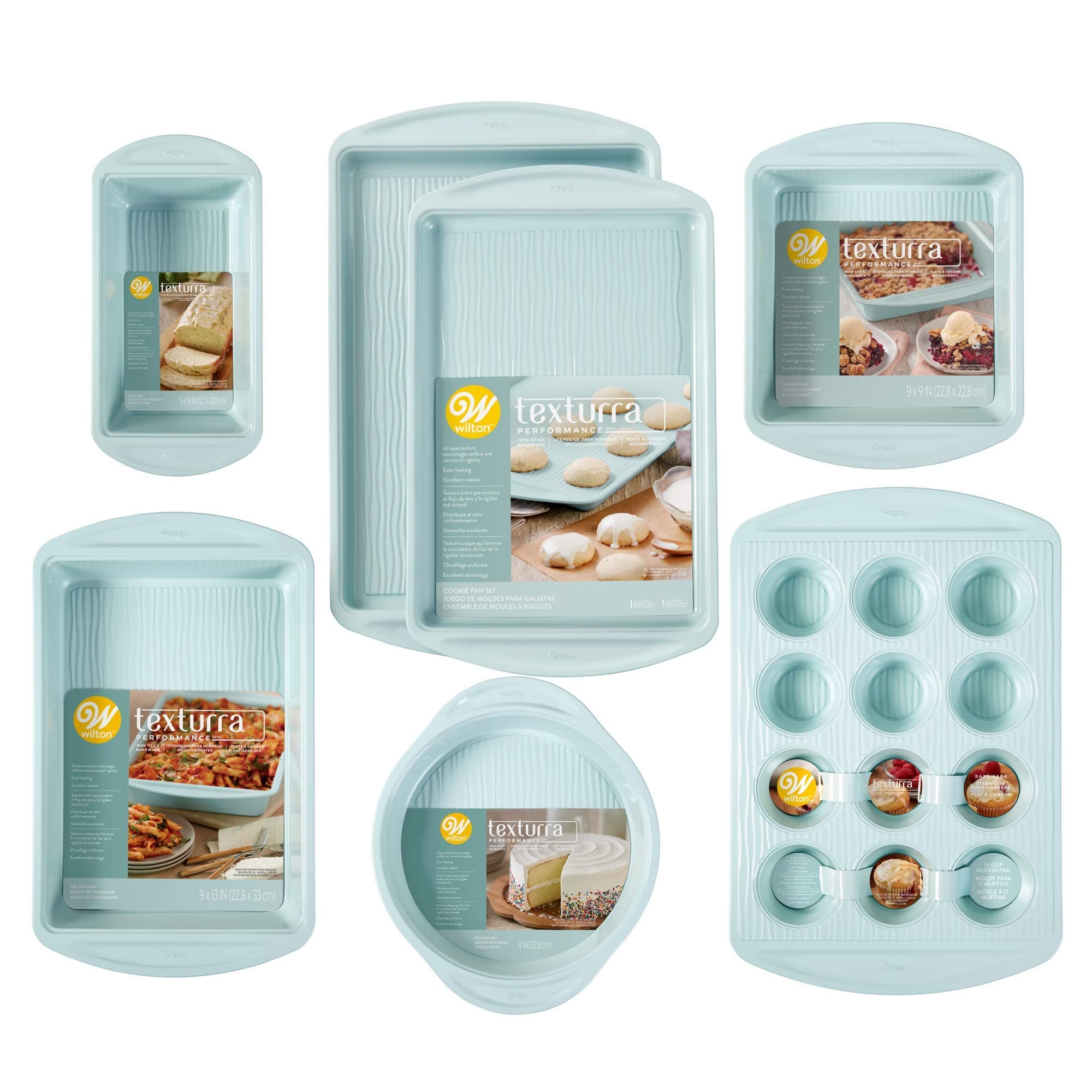 Wilton Texturra Performance Non-Stick Bakeware Baking Pans Set - Versatile Baking Set with Unique Texture to Encourage Airflow for Even Heating, Blue, 7-Piece