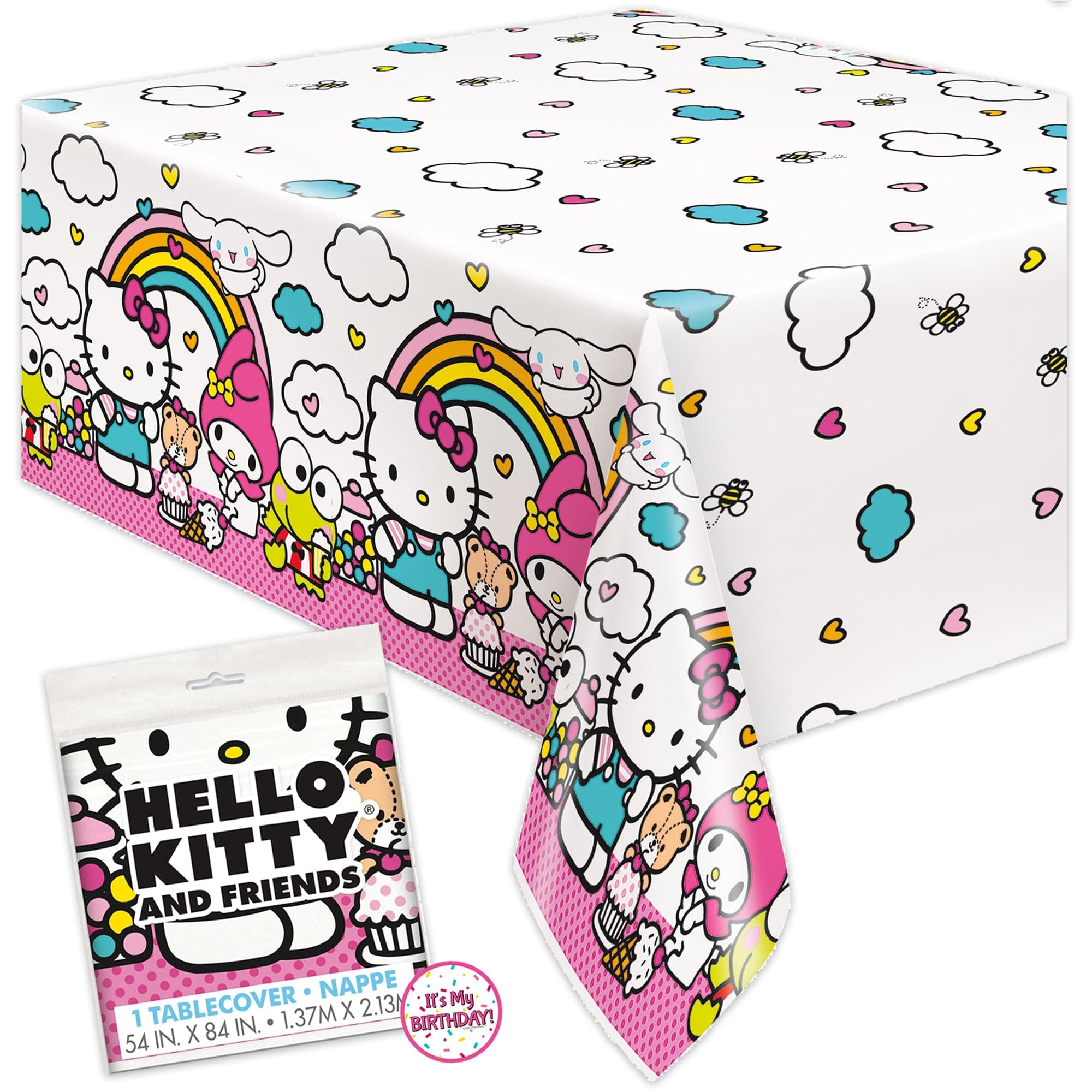 Unique Hello Kitty Birthday Decorations - Rectangular Plastic Tablecloth (Pack of 1) & Sticker (1), White/Pink, 0304902HK