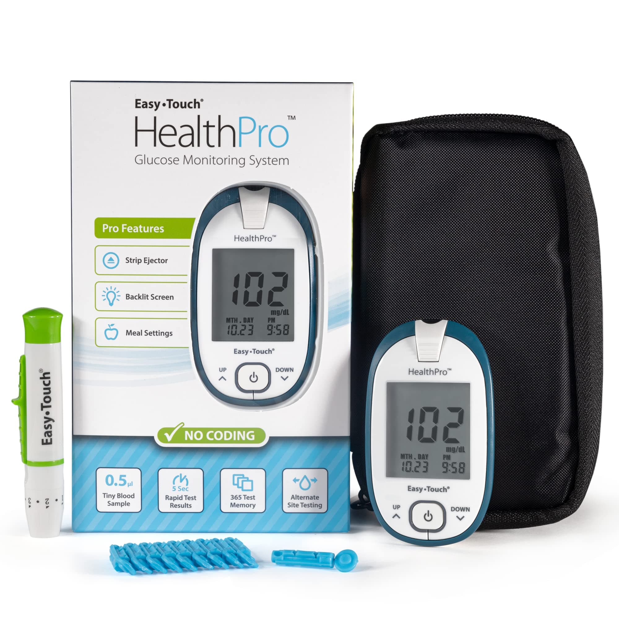 HealthPro Blood Glucose Monitoring System by EasyTouch – Easy-to-Read Backlit Display, Test Strip Ejector & Advanced Tracking, Includes Meter, Lancing Device & 10 Lancets (Test Strips Sold Separately)