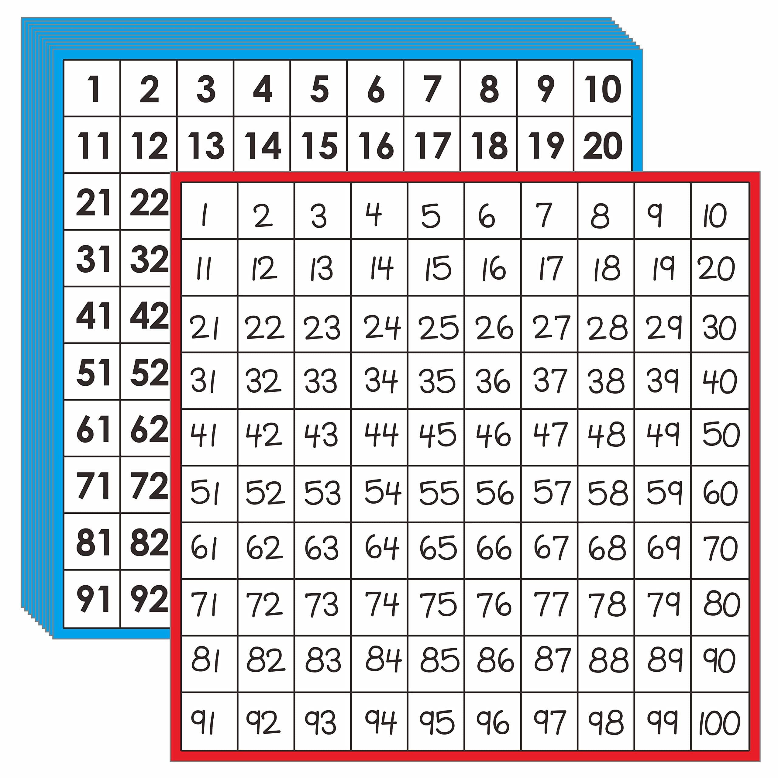 Math Hundred Boards, Laminated Double Sided Number 1-100 Chart Easy to Write Consecutive Number Counting Chart for Kids Classroom, Homeschool, School Supplies (10 Sheets)