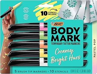 Bodymark BIC Body Art Markers, Pastel Pop, Flexible Brush Tip, 5-Count Pack of Assorted Colors, Skin-Safe*, Cosmetic Quality (MTPBP5-AST)