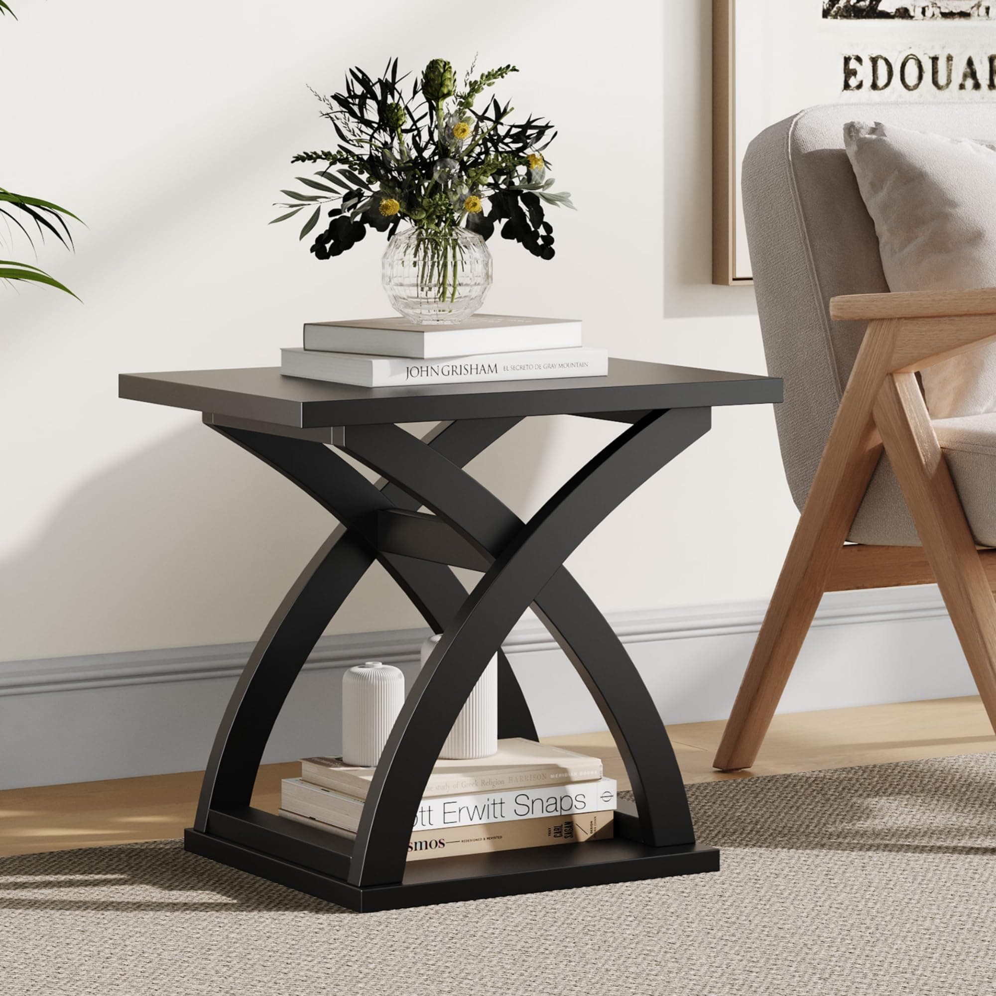 ChooChoo End Side Table, Modern End Table with Storage Shelf, X-Design Side Table Living Room (Black)