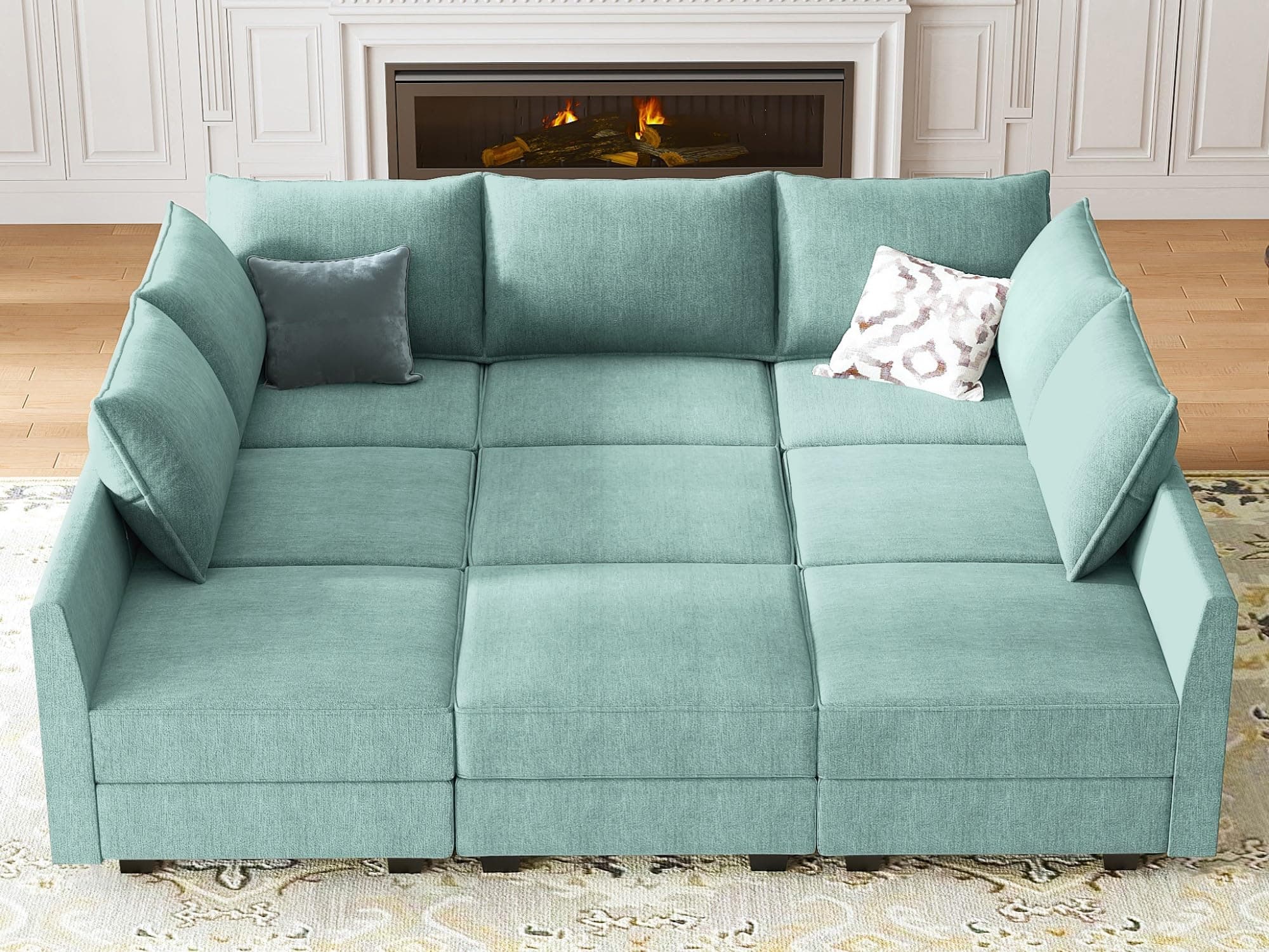 HONBAY Modular Sofa Sectional Sleeper Couch with Ottomans Reversible Sleeper Sectional Sofa Modular Couch with Storage, Aqua Blue