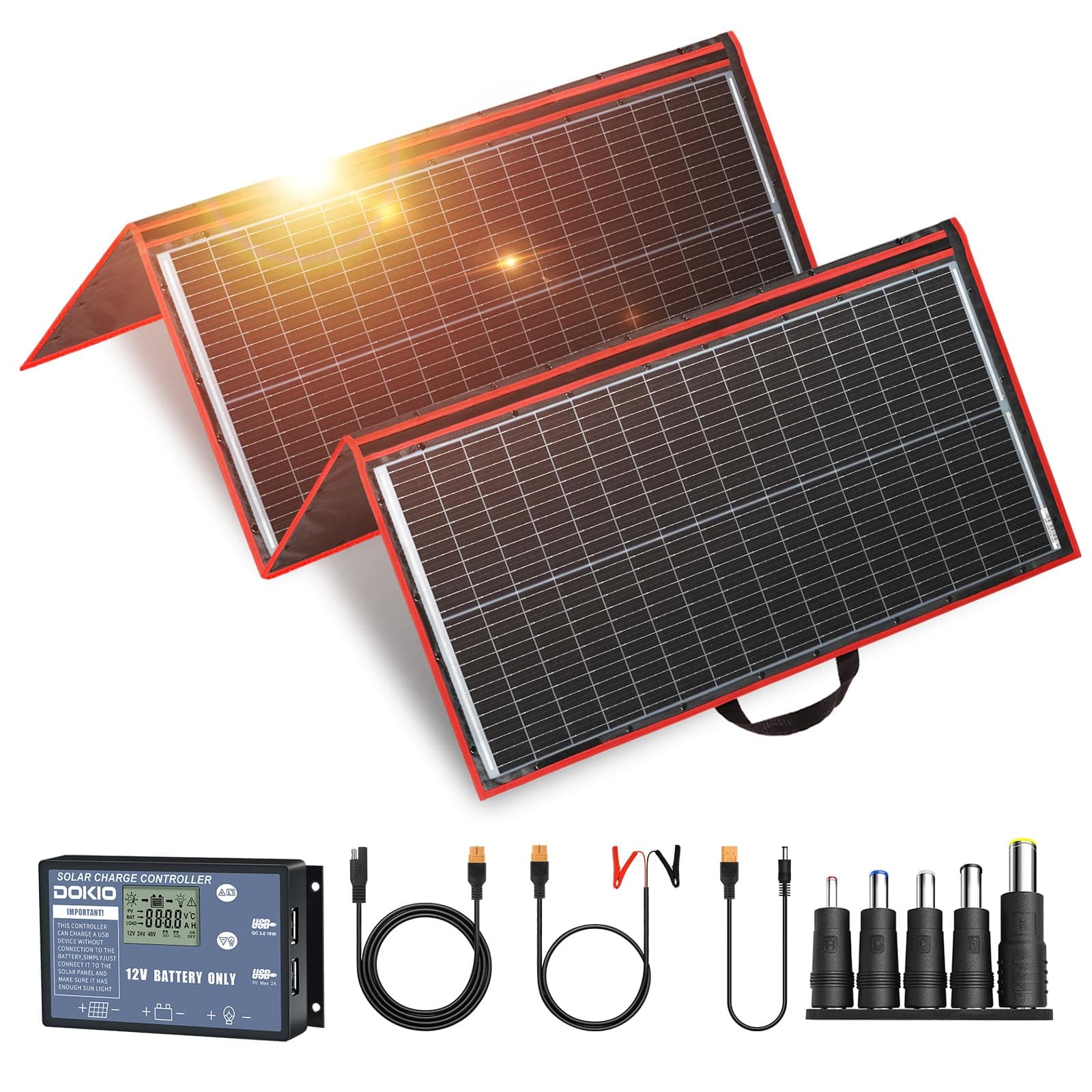 DOKIO 300W Portable Foldable Solar Panel Kit, Compact 19.3x37.4in Design 15.2lb with Standalone Controller and USB, Monocrystalline Charger for 12V Batteries, Power Stations, RV Camping Emergency Use