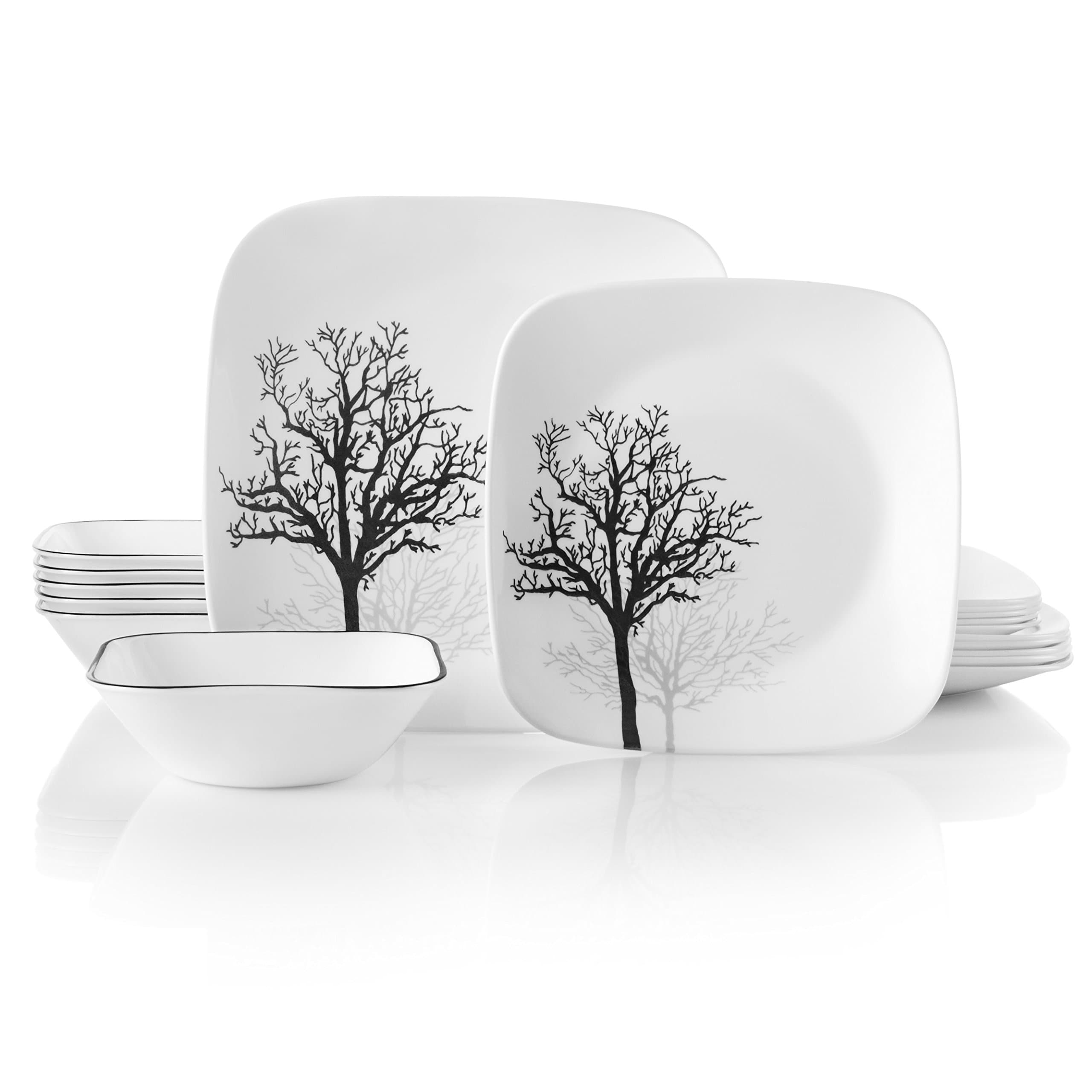 Corelle Vitrelle 18-Piece Service for 6 Dinnerware Set Triple Layer Glass and Chip Resistant, Lightweight Square Plates and Bowls Set, Timber Shadows