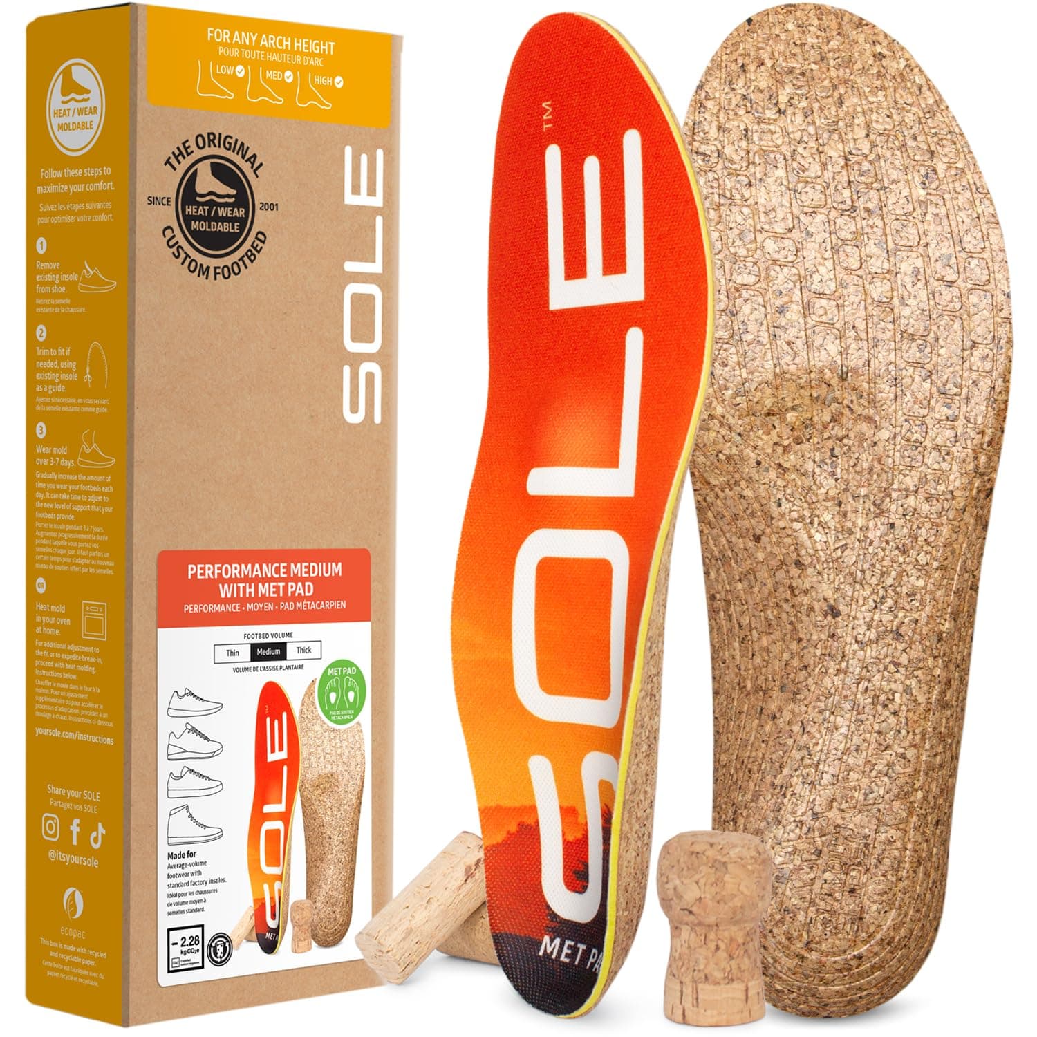 SOLE Performance Medium + Met Pad Insoles - Custom Moldable Orthotic Support for Any Arch Type, Plantar Fasciitis Relief - Mens Size 6/Womens Size 8, 1 Pair