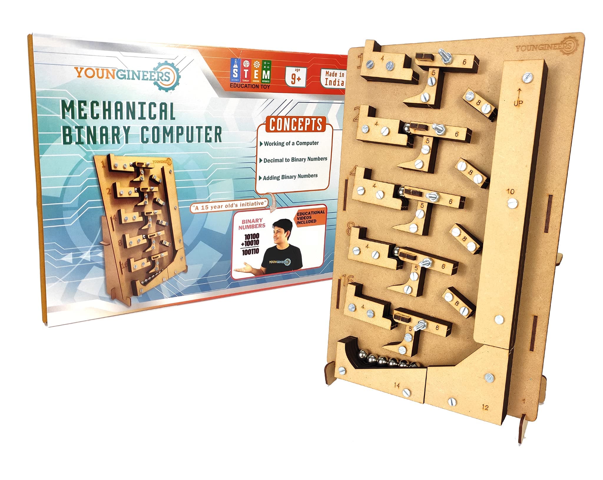 Mechanical Binary Computer, Wooden DIY STEM Toy for 10, 11, 12 Years with Educational Videos, Fun Engineering Math Kit for Kids