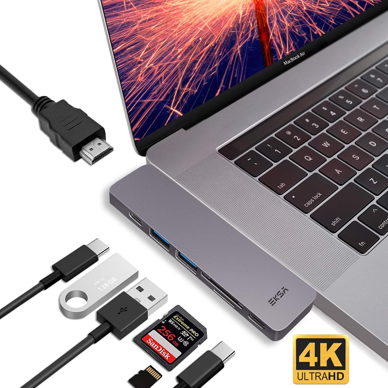 EKSA Thunderbolt 3 Hub, 7 in 1 USB C Hub Adapter Dongle for MacBook Air 2018, MacBook Pro 2018/2017, 4K USB C to HDMI,Thunderbolt 3 Port, 100W Power Delivery, 2 USB 3.0 Port and SD/TF Card Reader