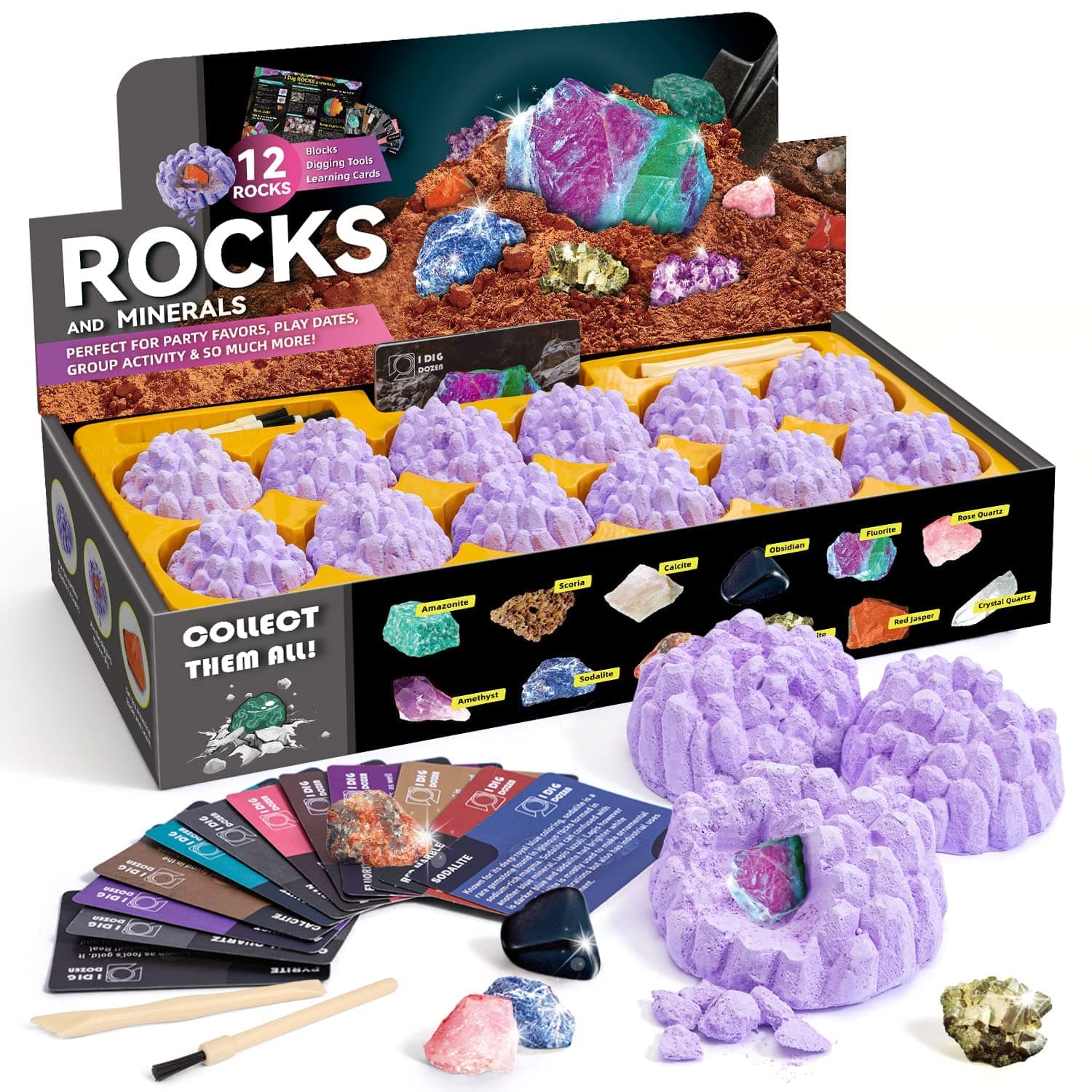 Gamerside Mineral Mining Kit Rock Mining Kit Gem Dig Kit - Dig up 12 Rock & Mineral Collection Gemstones & Crystals Dig Kit for Kids Gemology Mining Gift Rocks Minerals, Excavation Toys for Boys Girls