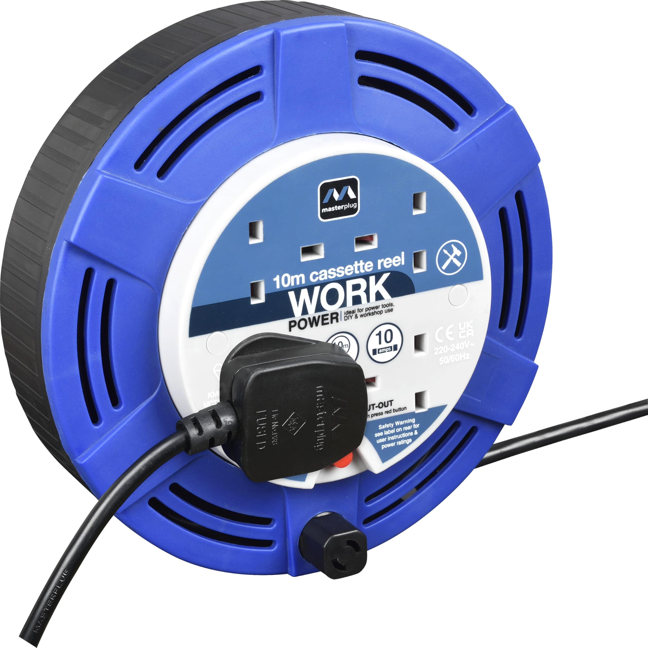 Masterplug MCT1010/4BL Four Socket 10A Cassette Cable Reel with Thermal Cut-Out, 10 Metres, Blue