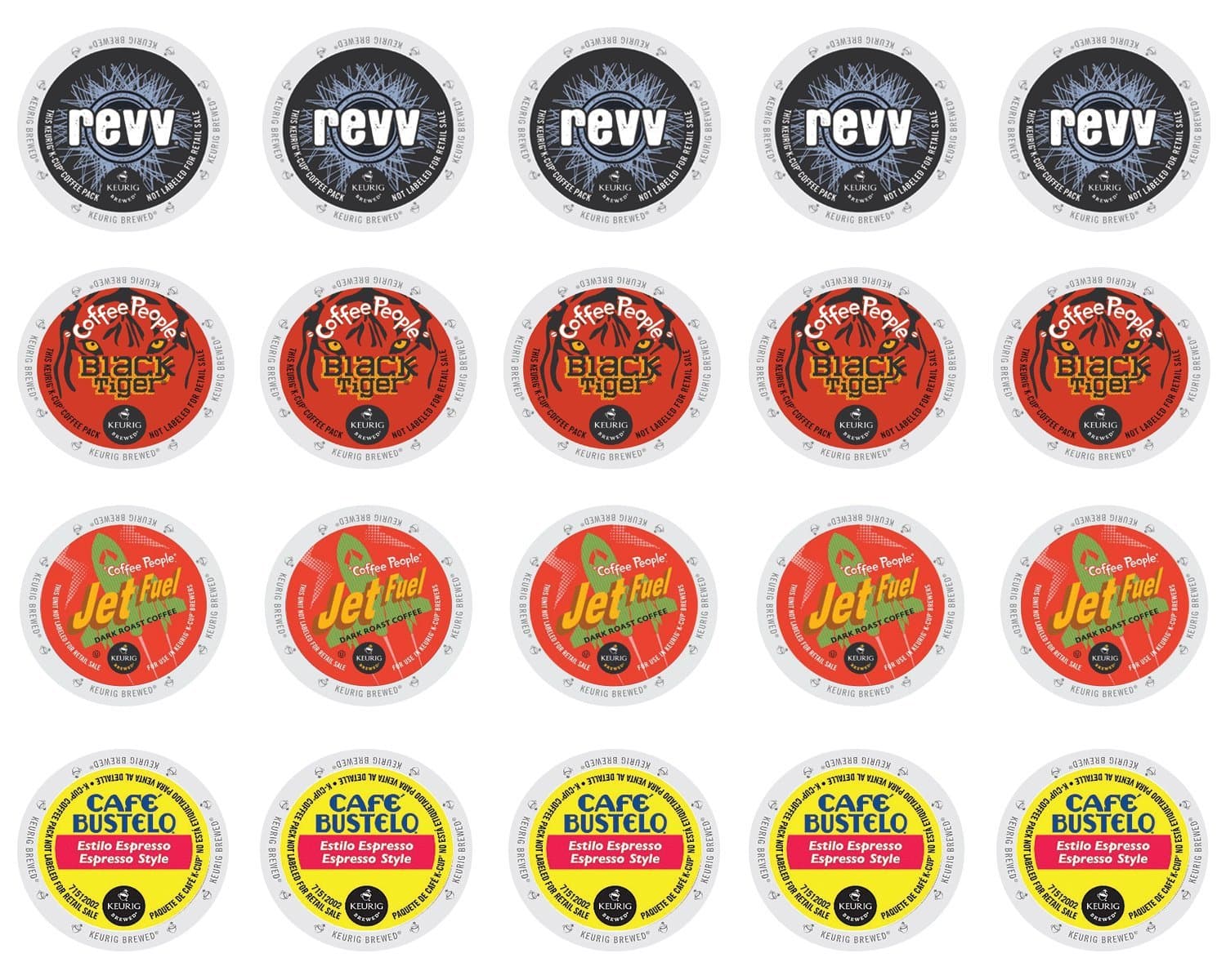 High Octane Variety K-cup Sampler Pack for Keurig 2.0 - Café Bustelo Espresso, Revv, Jet Fuel & Black Tiger - 20 Count/4 Varieties