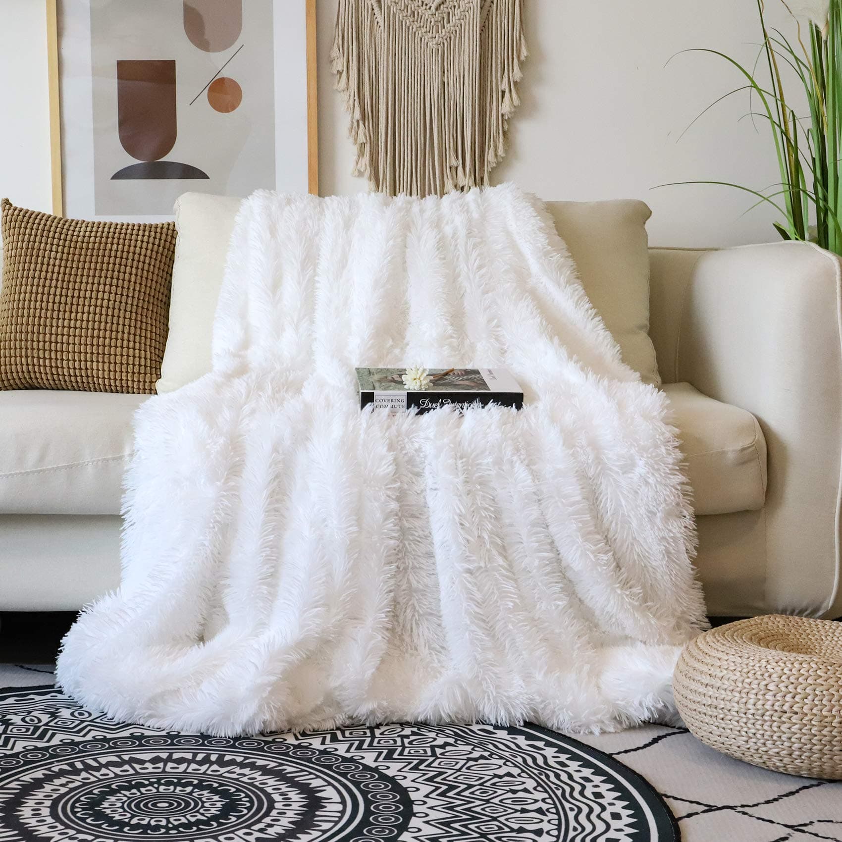 Tuddrom Decorative Extra Soft 100% Polyester Blanket Queen Size 80"x90",Solid Reversible Fuzzy Fluffy Plush Fur Blanket for Couch Sofa Bed,Pure White