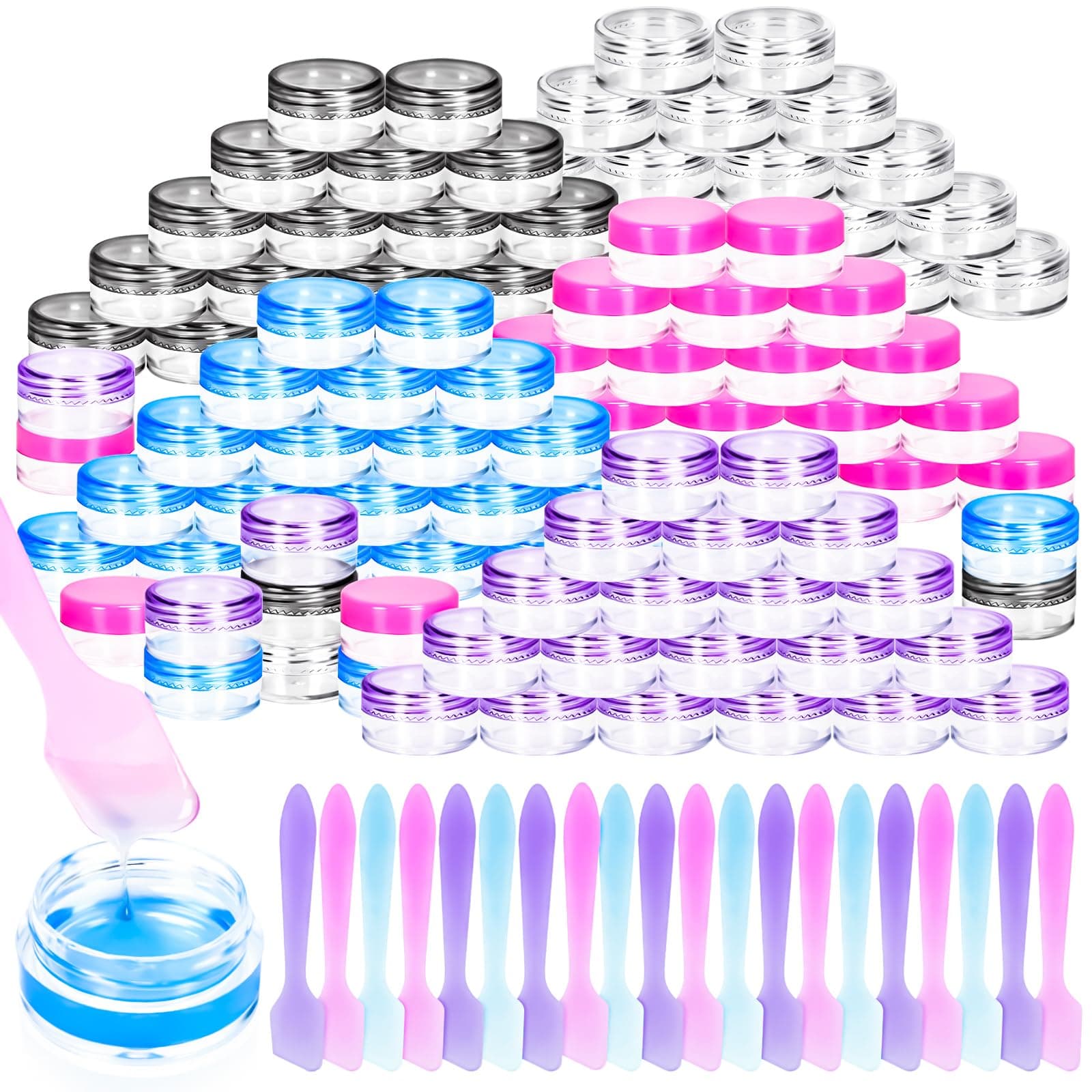 MotBach 100 Pcs 5g Empty Plastic Containers with Colored Lids,Mini Makeup Sample Containers, Small Sample Pot Jars Round Cosmetic Jars with Mini Spatulas for Liquid Sample Powder Creams Lotions