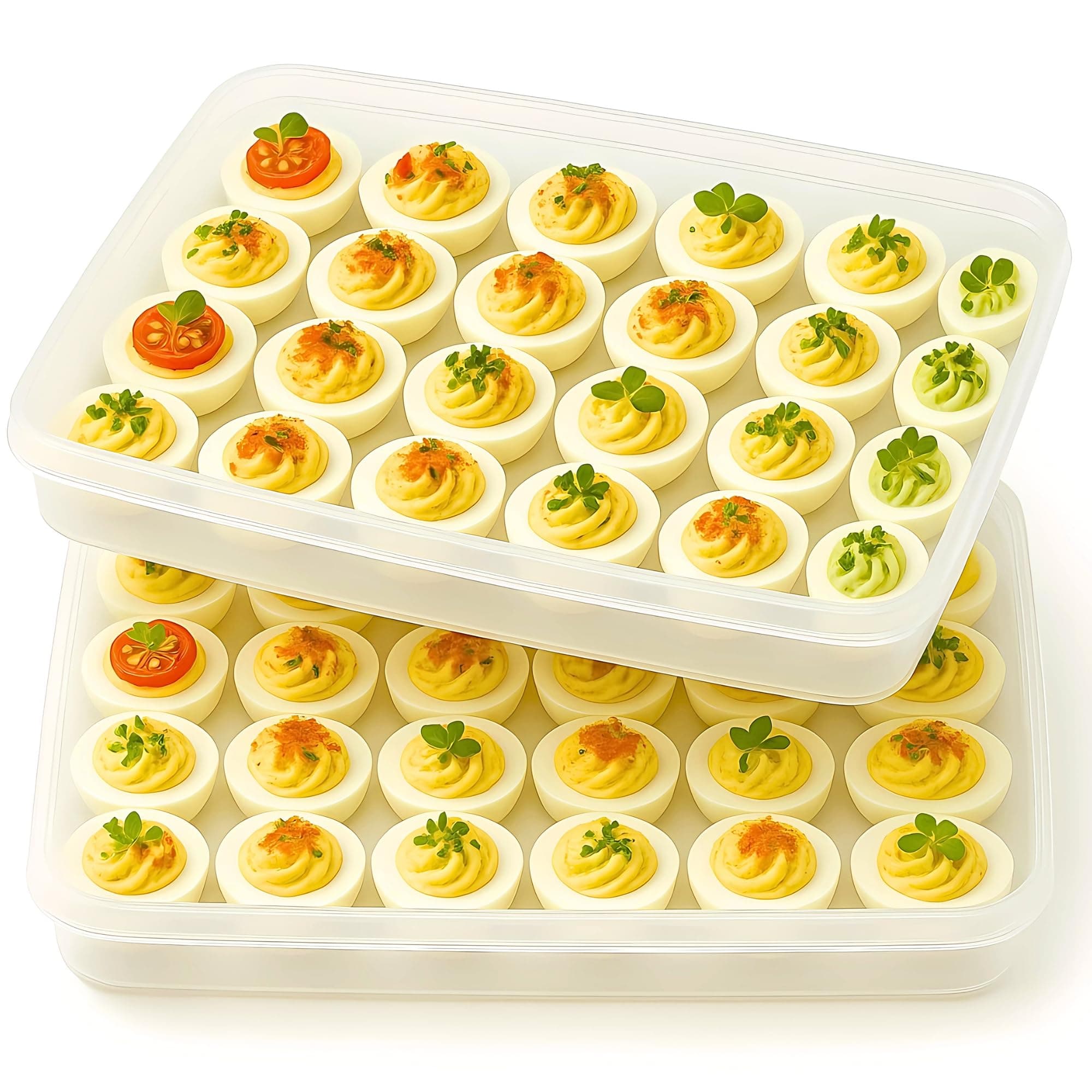echomerx 2-Set Deviled Egg Containers with Lid - Portable Plastic Devil Egg Holder for 48 Eggs - Stackable Refrigerator Carrier - Clear Tray - Secure Seal - Easy-to-Clean Party-Ready Organizer