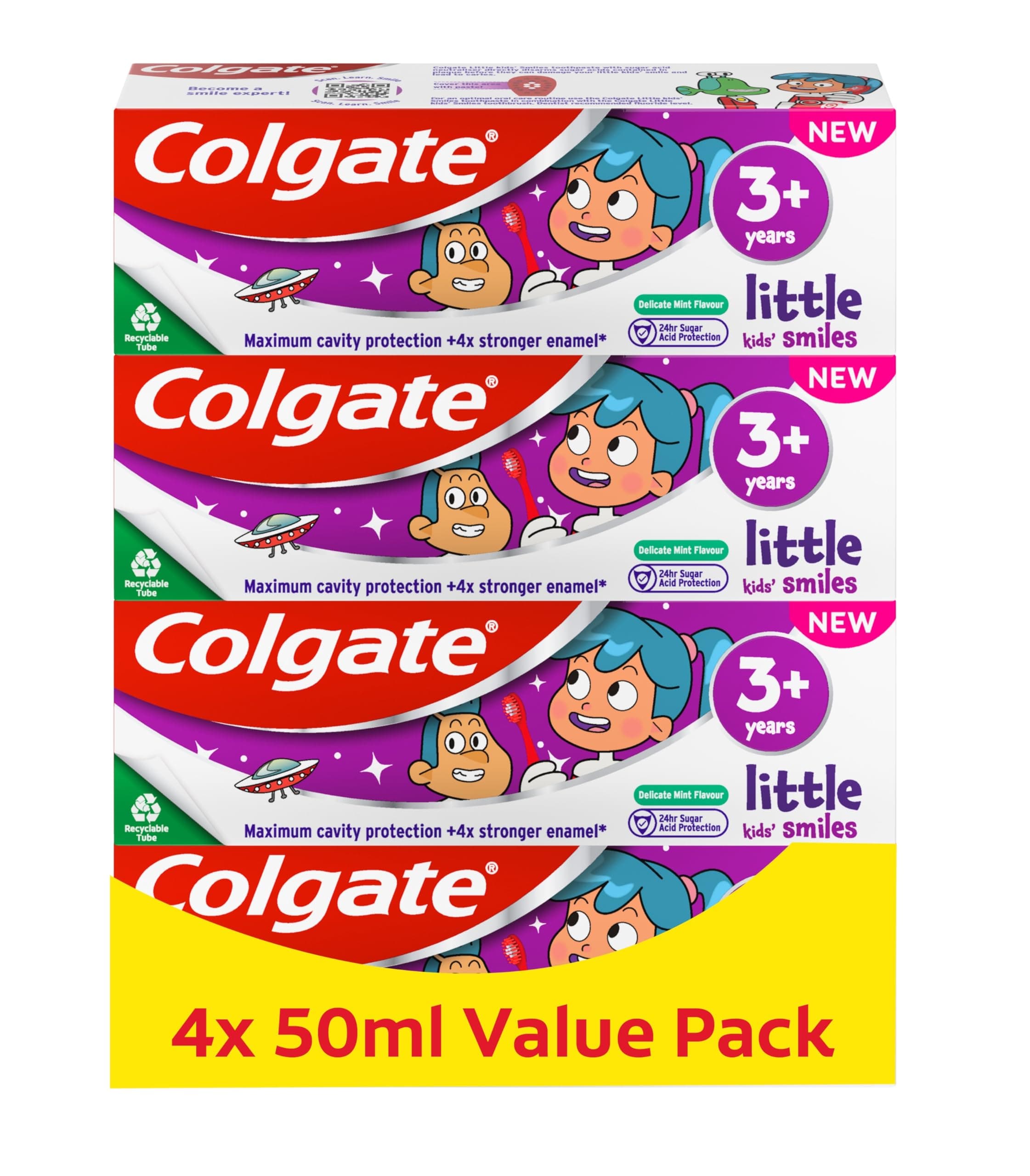 Colgate Kids Toothpaste Multipack 3+ Years 4 x 50ml – Gentle Toothpaste for Kids – Contains Dentist-Recommended Level of Fluoride – Maximum Cavity Protection – 4X Stronger Enamel