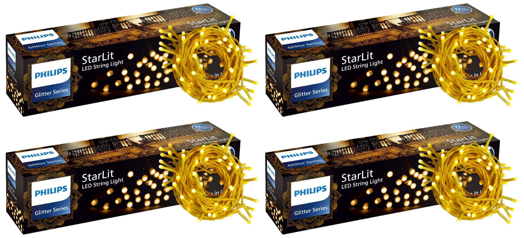 PHILIPS Starlit 12 Meter 72 LEDs String Light for Decoration | Festival LED String Light for Home Decoration| Warm White, Pack of 4,Polycarbonate, for Diwali, Ganesh Chaturthi, Christmas Decoration