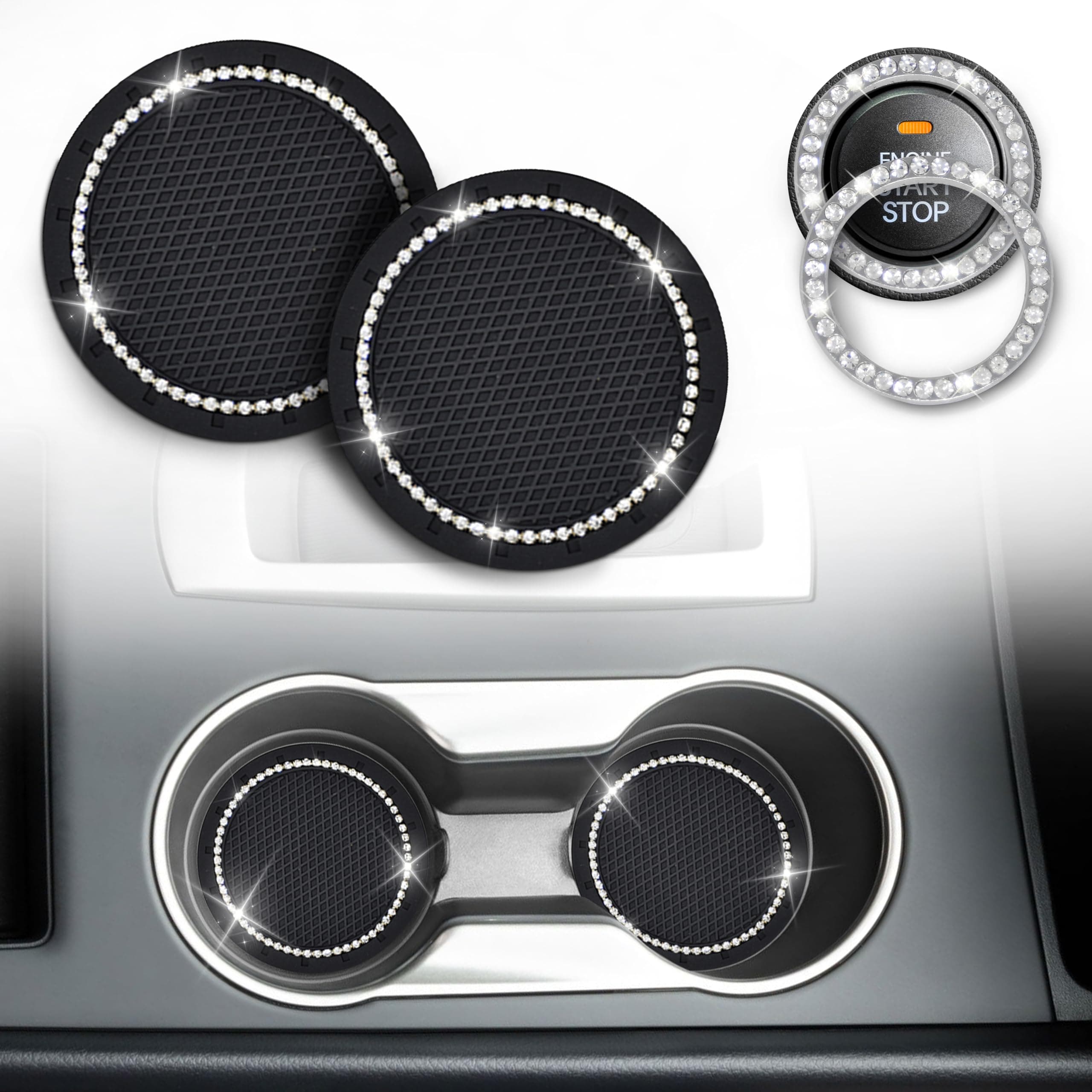 EcoNour Bling Cup Holder Insert (2 Pack) with Push Start Button Ring (1 Pack) | 2.75 Inch Silicone Coaster Pad and 1.5 Inch Ring with Elegant Crystal Rhinestone | Car Interior Accessories (Black)